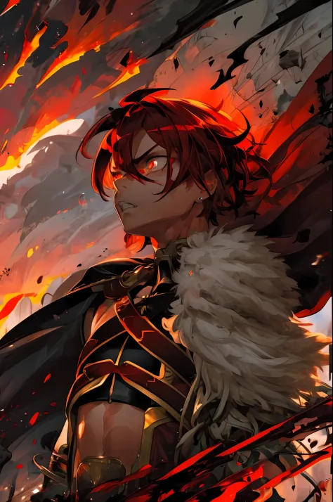 alexanderfgo, 1boy, fur-trimmed cape, crop top, face, mad, angry, looking away, squinting, battlefield, red sky, fire, black smo...