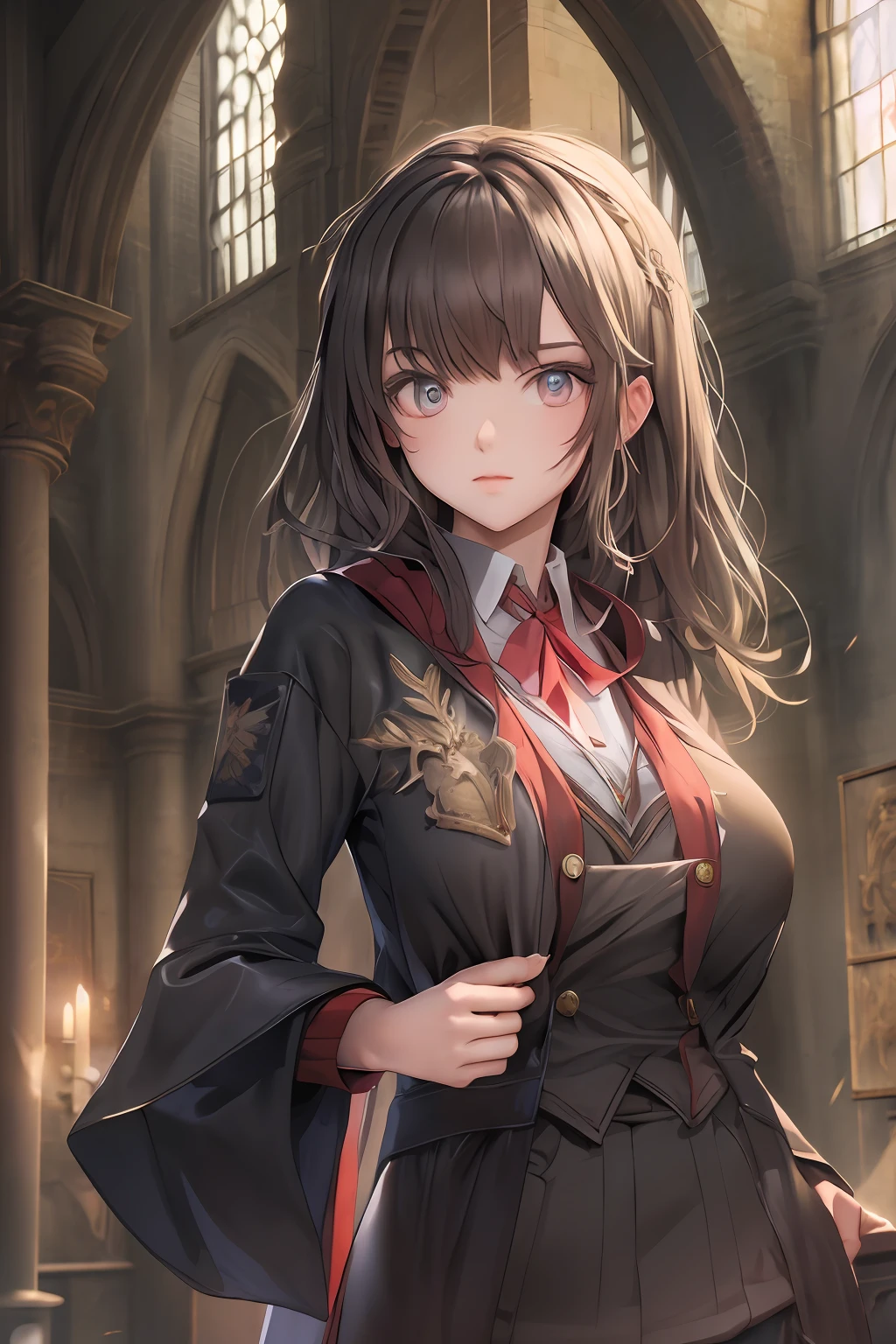 (masterpiece), (best quality), 1girl, beautiful girl, Hogwarts uniform, hogsks, big breast, sexy, Hogwarts background, cinematic, mystery, fantasy