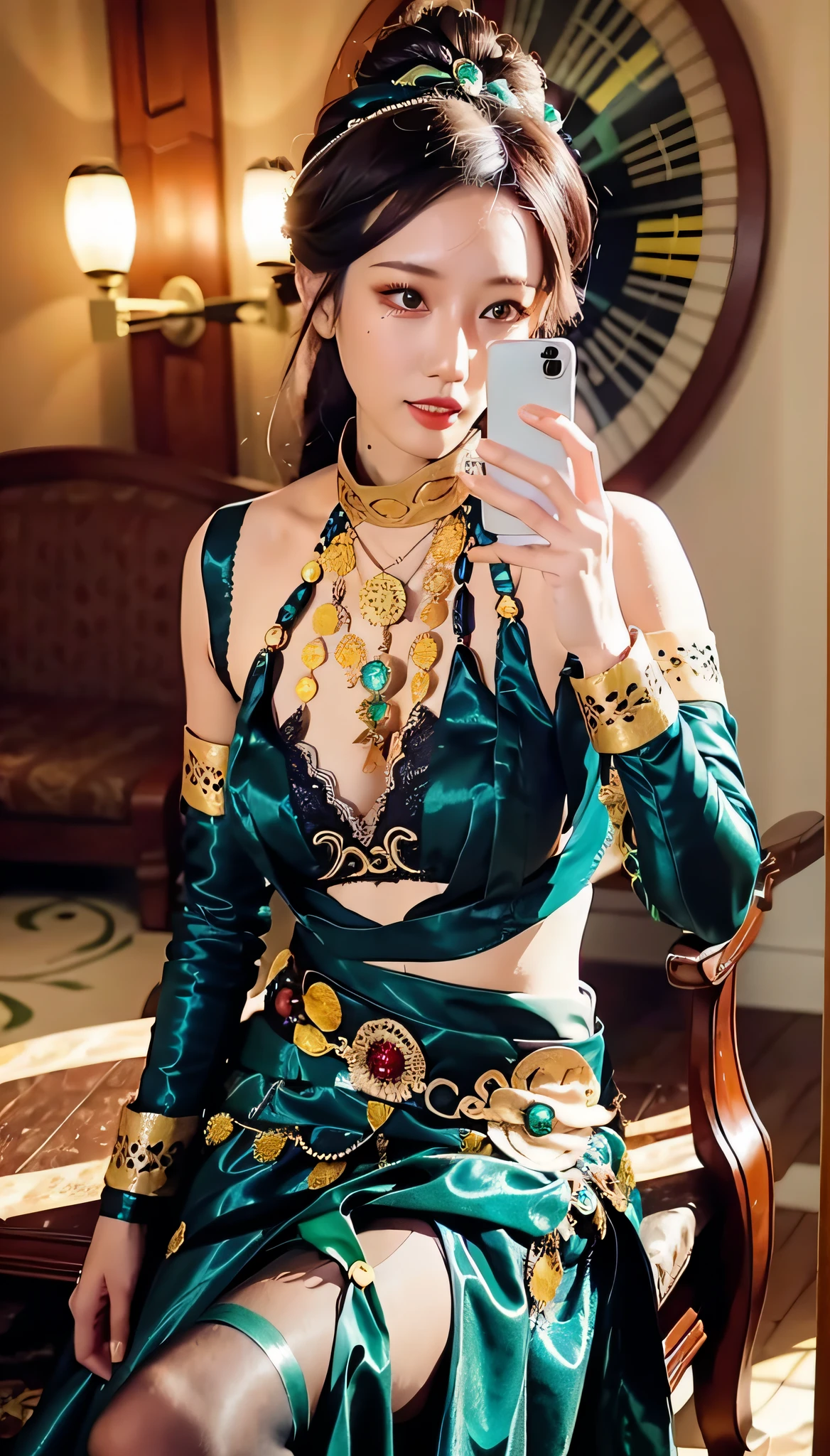 Hay una mujer que se está tomando una selfie en un restaurante., con ropa verde azulado, Enfoque en el traje Art Nouveau, Vistiendo un disfraz precioso, Estilo Tiffany, 2 0 2 0 moda, jia, trajes intrincados, cuerpo completoesbiano!! detalles maximalistas, ropa adornada de color verde oscuro, modelo de moda femenina coreana, vistiendo un top de diseñador, cielo, ropa estampada, 24 MP, 2 4 miles/sec