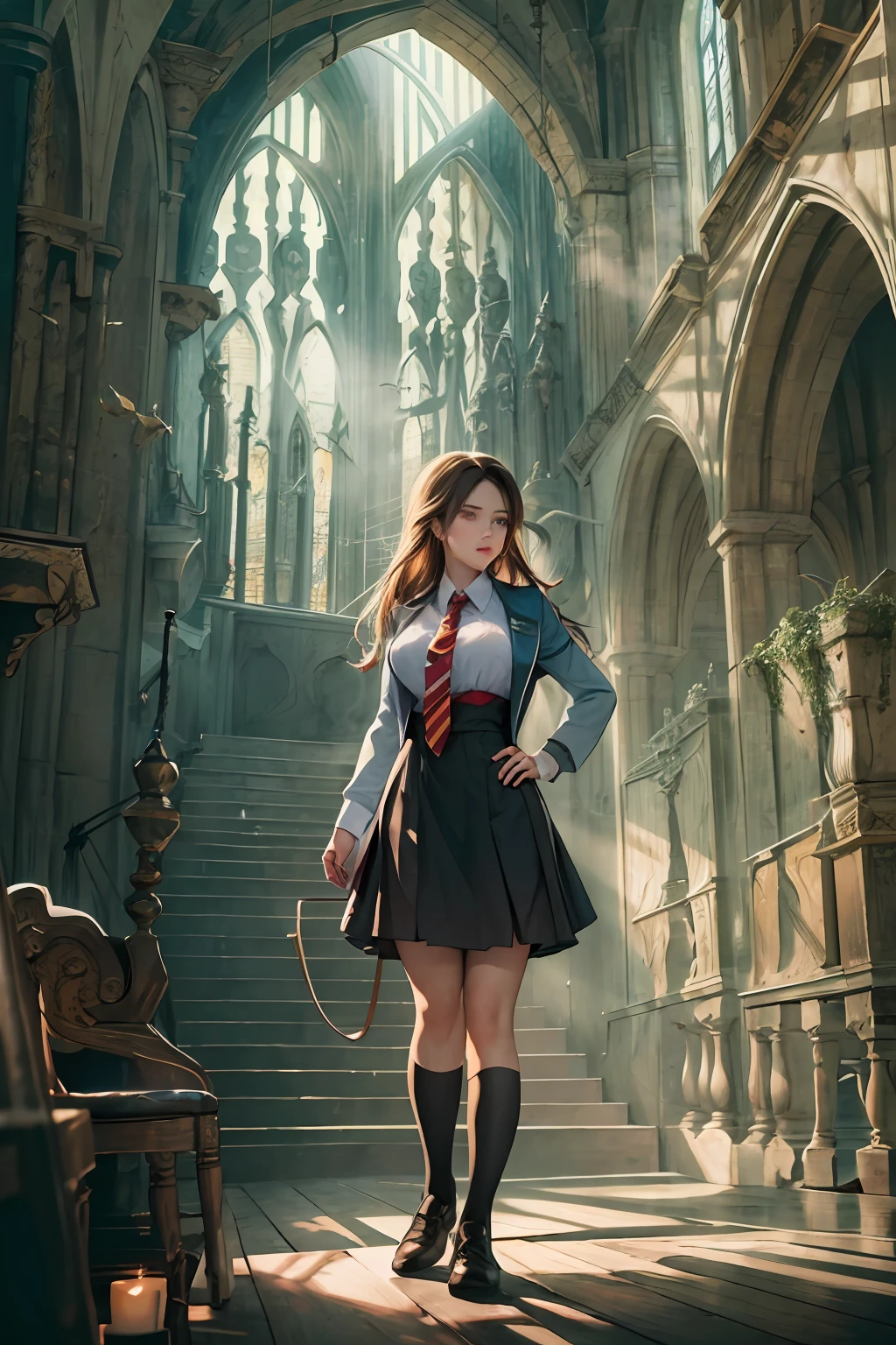 (masterpiece), (best quality), 1girl, beautiful girl, Hogwarts uniform, hogsks, big breast, sexy, Hogwarts background, cinematic, mystery, fantasy