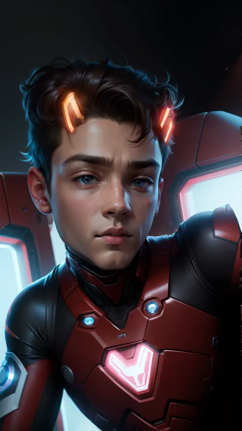 Change background,hd realistic,8k ultra,neon colours,handsome 14 year old boy wearing a ironman cloth
