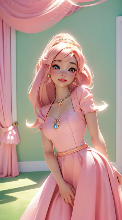 dynamic lighting, 3D model art, A Barbie princess wearing a lovely pink dress, bright,Natural Lighting,morning light，((barbie interior design)), borrowing elements from the scenic grandeur of National Geographic landscapes, beautiful scene is brought to li...
