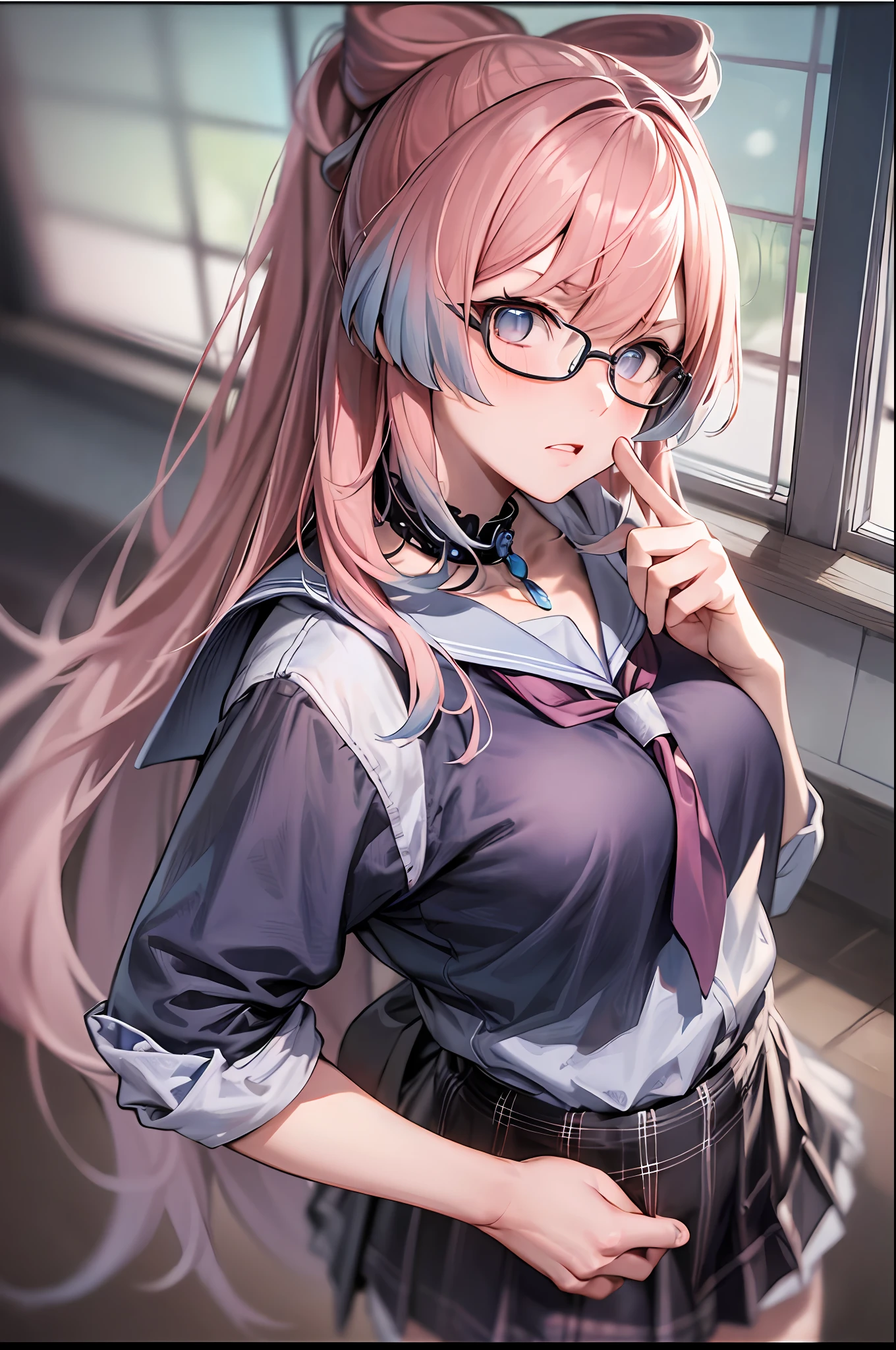 masterpiece, best quality, ultra detailed, hyper realistic, photo),delicate pattern, detailed background, uncensored completely, cowboy shot,  japanese girl, class room,
, loose collar, skirt, looking over eyewear,
hair between eyes, pink hair
put up index finger and one hand on hip,  angry with puffed cheeks,
from above, leaning forward,