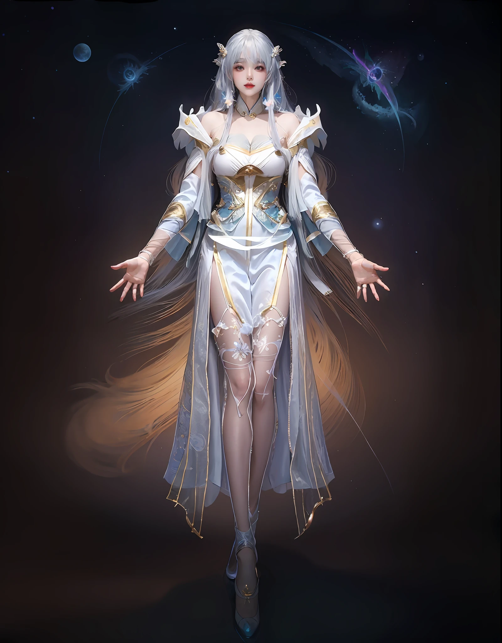 舞台上穿著戲服的女人的特寫，全身仙俠，美麗的天界法師，令人驚嘆的年輕空靈人物，美麗的幻想皇后，星界女巫衣服，shaxi，飄逸的魔法長袍，白色漢服，xianxia fantasy，美麗德爾芬，空靈的幻想，優雅迷人的cosplay