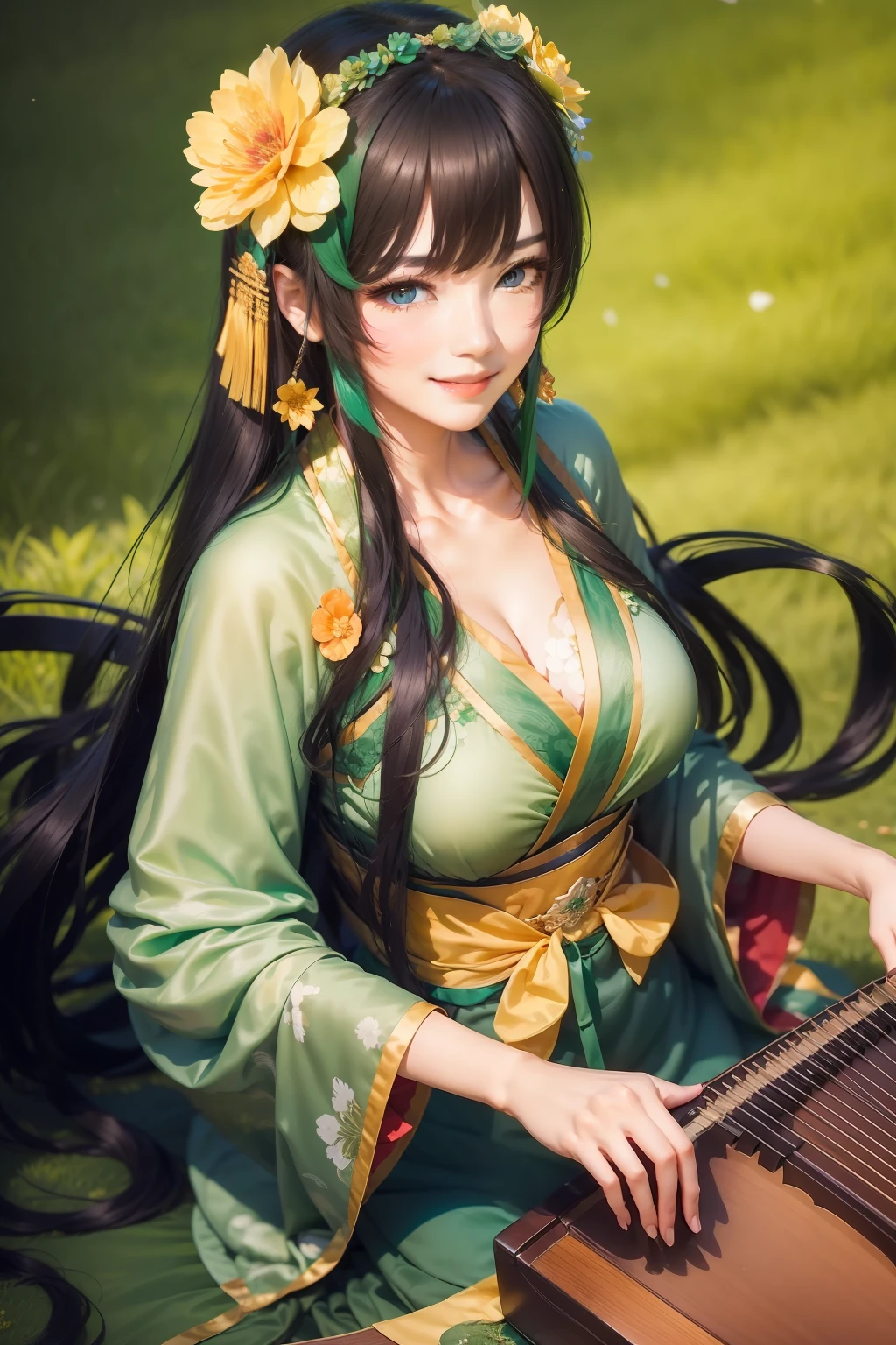 Close-up of a woman in a green dress playing a guzheng, Palace ， A girl in Hanfu,Traditional beauty，blue color eyes，With a smile，Wearing a flower crown on his head，Pure and cute，Full breasts，Wearing Hanfu