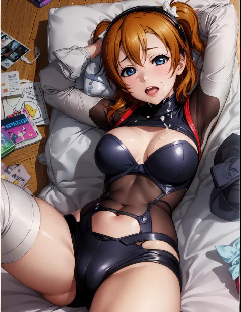 love live!, kousaka honoka,(beautiful detailed blue eyes), solo, (dynamic pose), 1 girl, open legs, sexual arousal, sexual expression, anime, bodysuit, ,big breasts, game console, game controller,television, playstation controller, bookshelf, gamepad, indo...