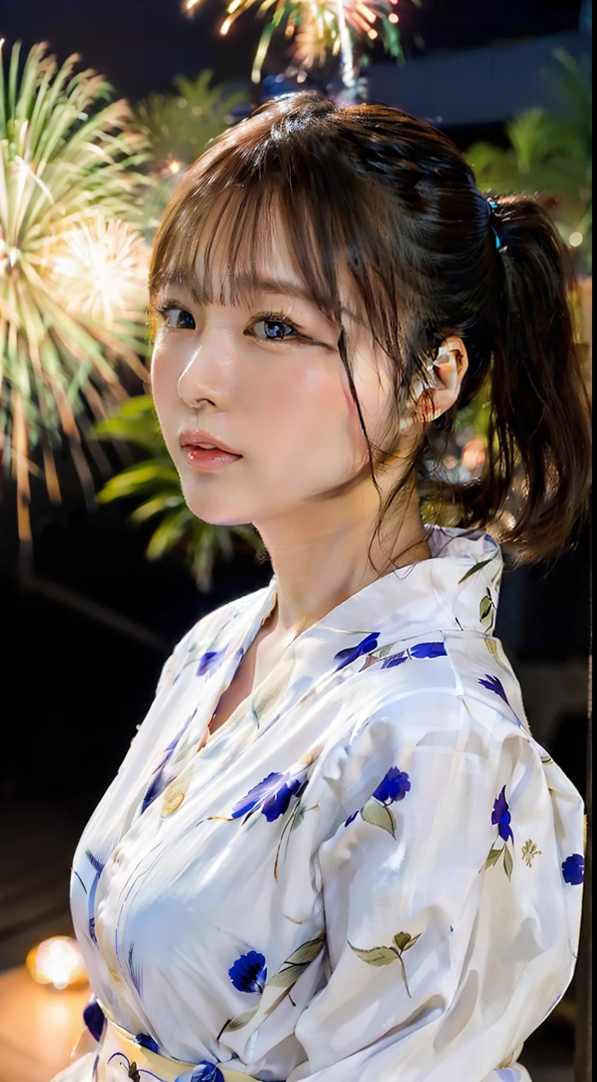 Top quality, fine detail, (beautiful one girl))), very detailed eyes and face, fireworks, yukata, looking up at fireworks, ponytail, big tear bag, double eyelids, profile