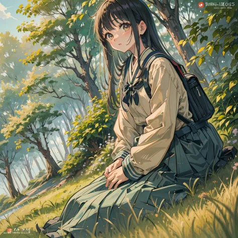 there is a woman sitting in the grass with a backpack, portrait of a japanese teen, the anime girl is crouching, seifuku, of a youthful japanese girl, close up iwakura lain, iwakura lain, japanese school uniform, shikamimi, japanese girl school uniform, ch...