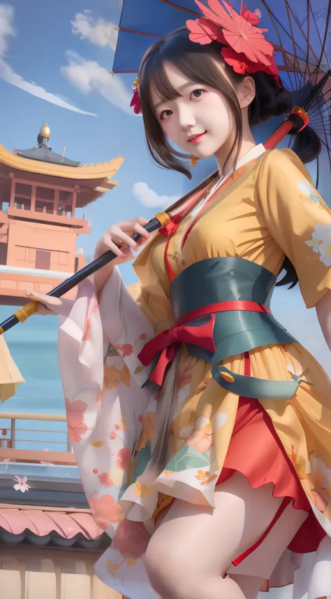 anime girl in a yellow dress holding a red umbrella, onmyoji detailed art, realistic ,ultra detail ,70 mm lens