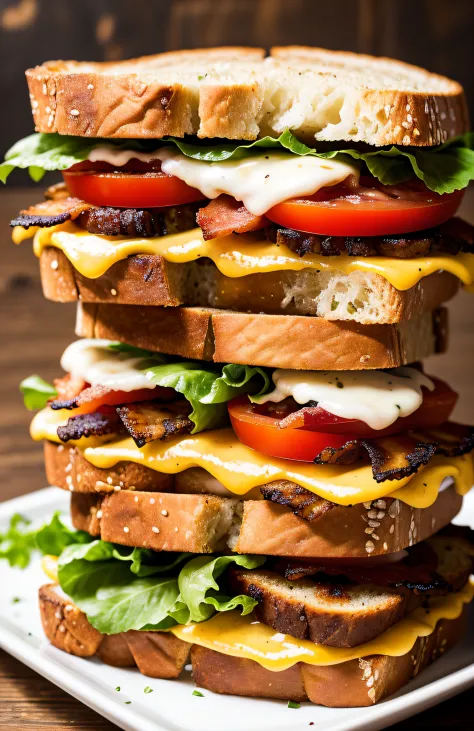 photo of a scrumptious BLT sandwich with extra bacon, (rustic diner background)+, seed bread, pepper jack cheese, (intricate det...