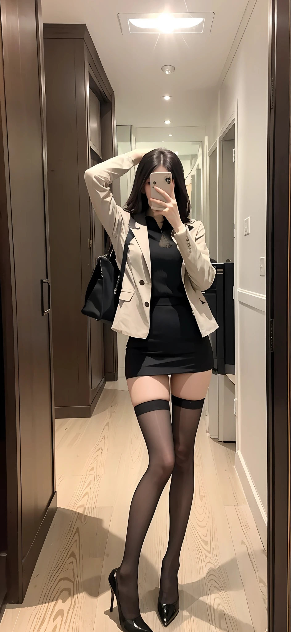 Woman in black dress and stockings taking a selfie in a mirror - SeaArt AI