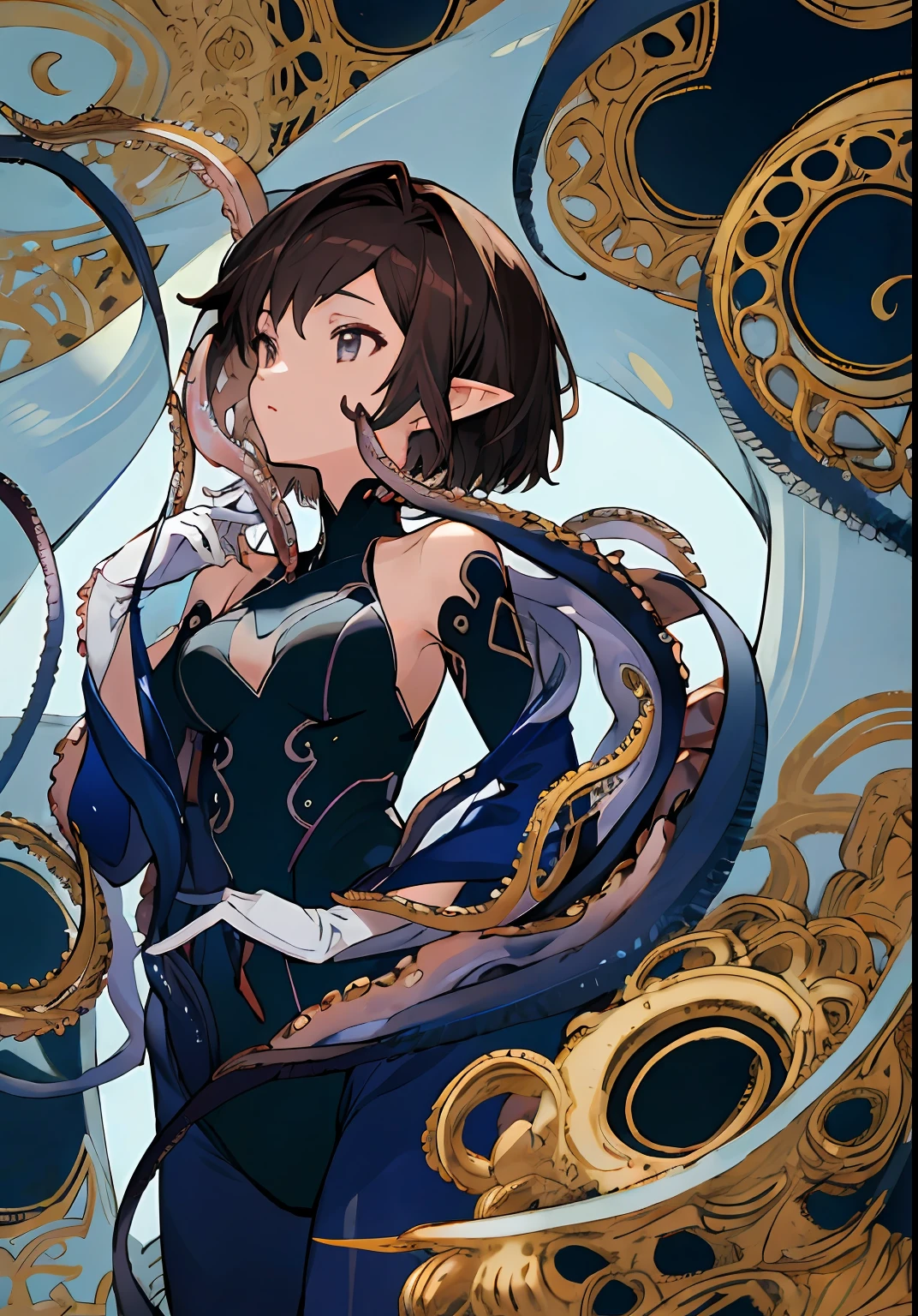 filigree，quality，（best qualtiy），（skin detailed：1.3），（Complicated details），short detailed hair，brunette color hair，Anime comic style，Ray traching，1girl，Look up，21yo，mediuml breasts，，octopus tentacles，Tang suit，pointy ears