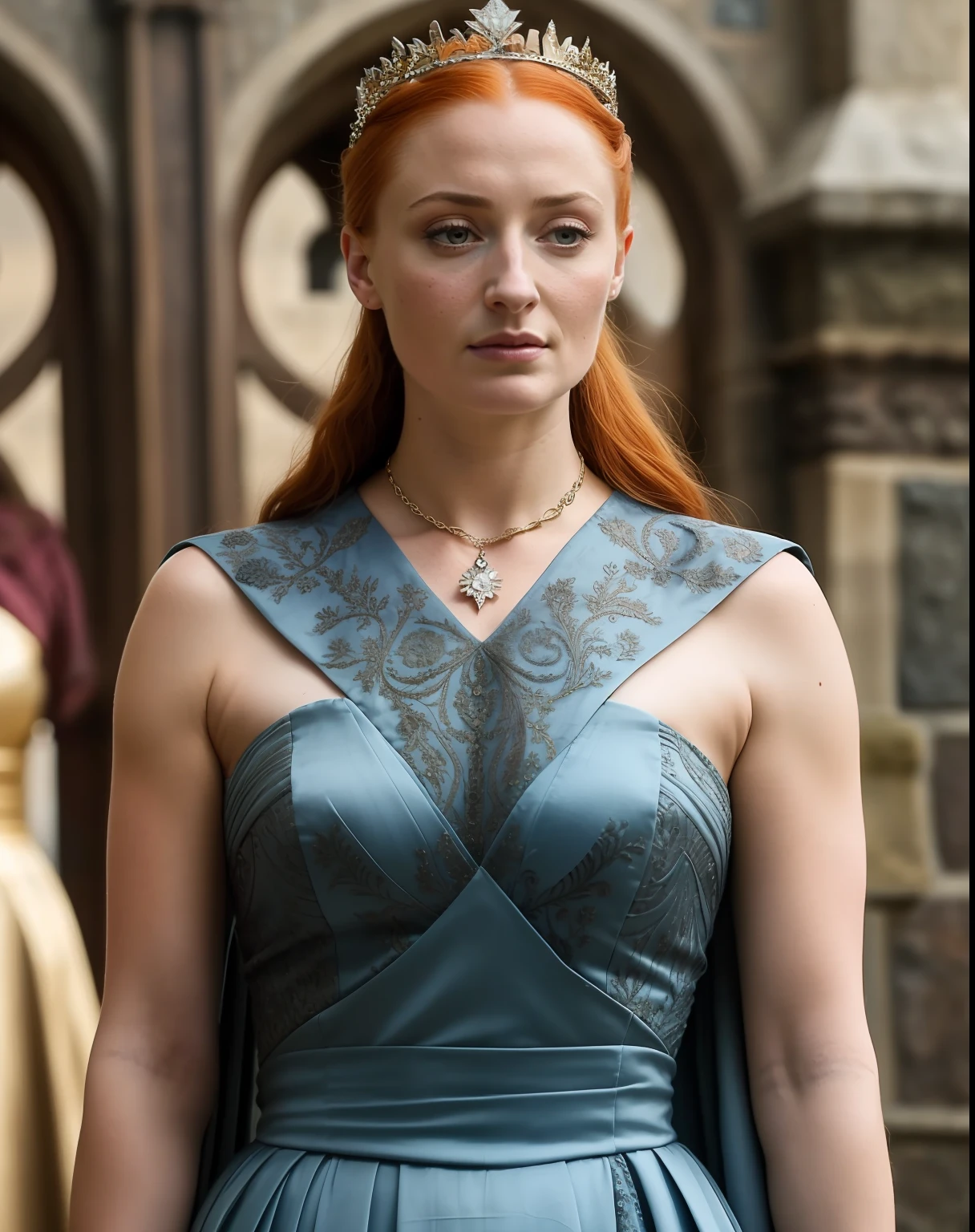 Masterpiece, Alayne Stone, Gorgeous Woman, Queen, queen lady, Lady of Winterfell, Wardeness of the North, and Sansa Stark, the de facto Lady of the Eyrie, 40 years Old, she is a Full growned mature lady now, beautiful mature lady, the queen, milf beauty, mature queen, Best quality, a small, perfectly visible mole on her breast, a captivating woman, beautiful queen, empress, mediaeval queen, alluring appearance, unrivaled beauty, wonderful breasts, large breasts, mediaeval erotic costumes, a Game of Thrones-inspired costume, a close-up of a woman from the middle ages, sansa stark, sansa, resembles sophie turner, sophie turner, scene from "Game of Throne," deep cleavage, warrior princess, healthy body, perfect thick body, attractive figure, fleshy body, style of "Game of Throne," beautiful lady, beautiful woman, stunning woman, 8K, insane details, dress made of clothes and jewelry, round face,