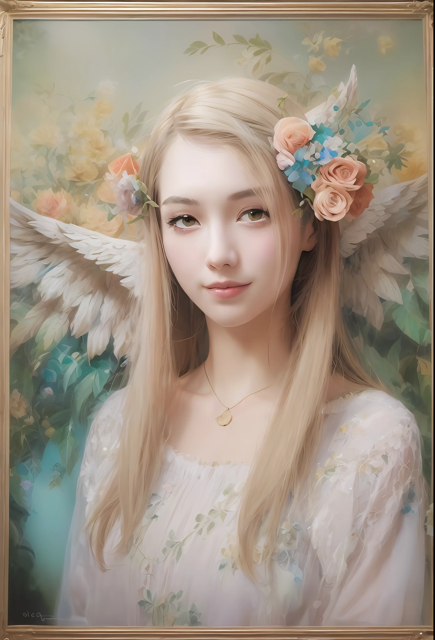 (Angel wings、😇、a smile、😌🥰Archaic Smile).hyper realstic、Ultra-realistic、Depiction of the human body without distortion、Monna Lisa、Woman in the Arms、Near and far law、Three-dimensional、Contemporary painting、moderno、world masterpiece、collection、Homage to the art or artist work of Picasso and Renoir, Not sentimental、Excellent portrayal、Gentle expression、More detailed character faces, Serious competition、Compositions like paintings、(Konmutsuki_Gacha_Series 1, punk_rosette), Realistic、Delicate brushwork、aqua color flowers, (Full body, elegant flowers background)