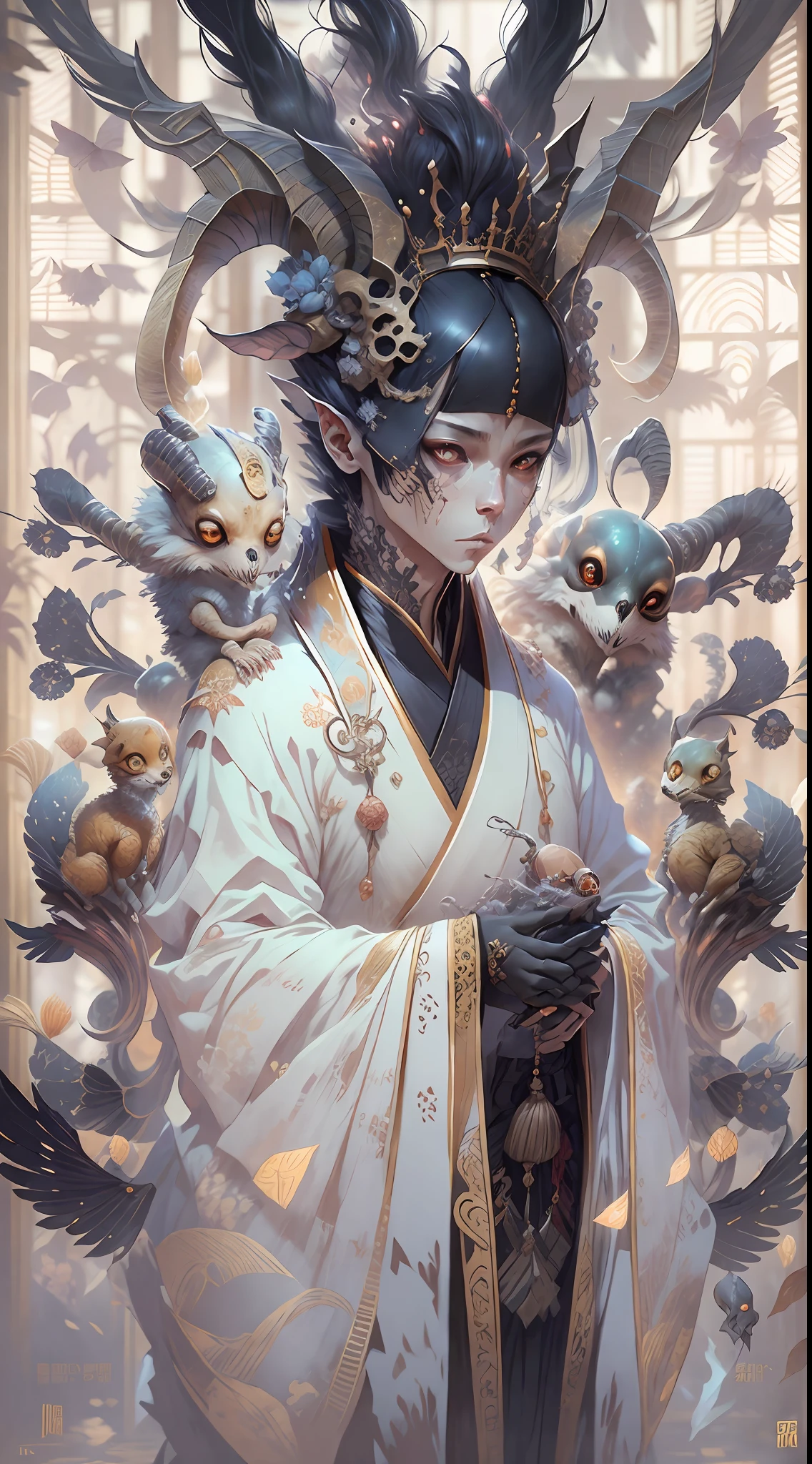 3D young and handsome((Male aristocracy))Close-up - portrait with a crown，Wear a ram skull。Beautiful and complex Japanese crow, Fox mask and breadcrumbs Japanese kimono。a betta fish， jellyfish pheonix， Bio-luminescence， Plasma， icey， Eau， ventania， organism， Wu Ya and WLOP and artwork by Bippel and Greg Rutkowski, creature00d, (Amber theme:0.7), Male aristocratic ghosts, mathematician,