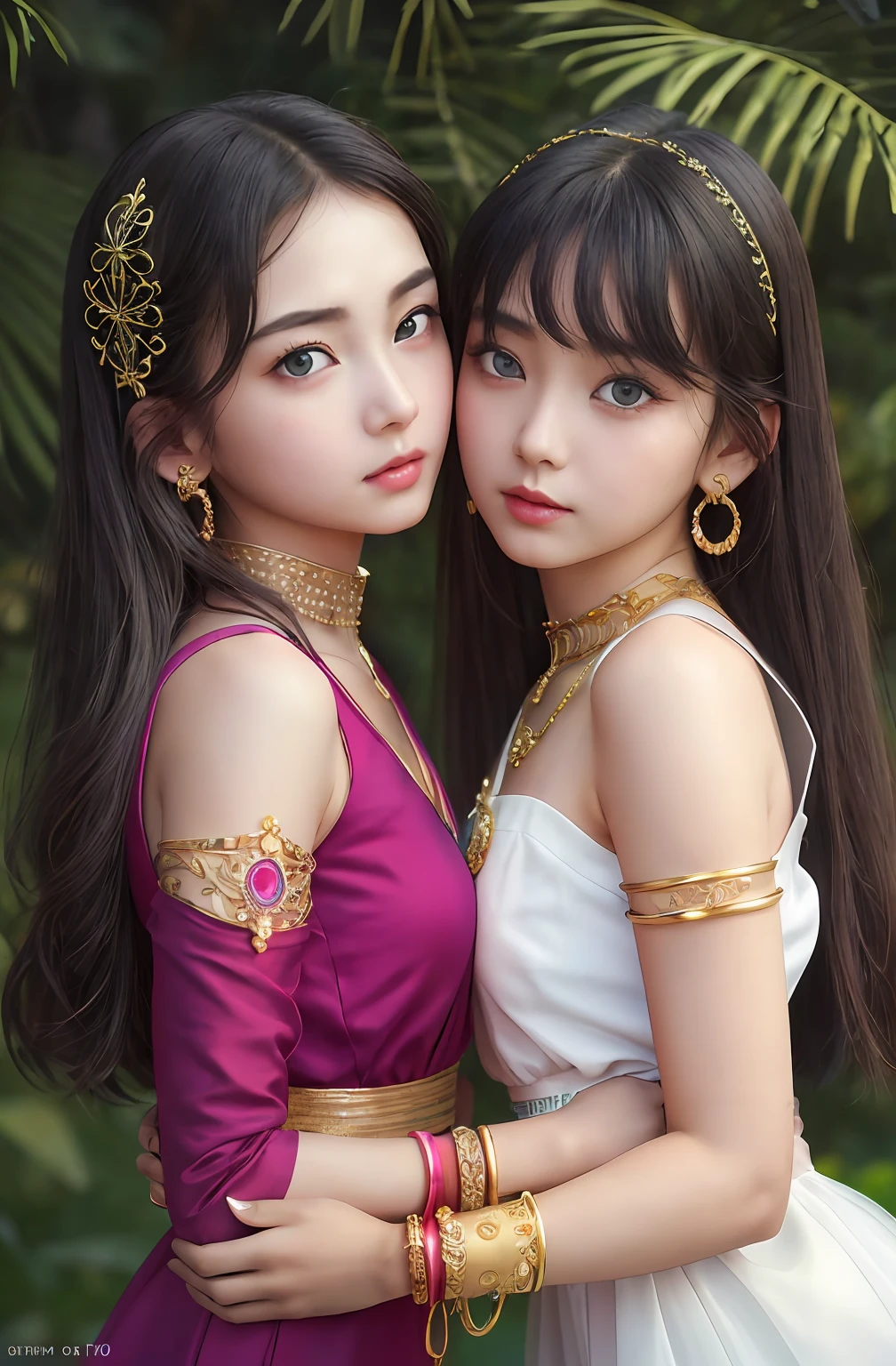 2girls,duo,8K Raw photograph,超高分辨率, filmgrain, filmg,view the viewer, Natural skin texture,Realistic eye and face details,((Realistic:1.5)),Ulzzang-6500:1.4,((Best quality)), ((Masterpiece)),((Detailed)),{2 beautiful women}, (Upper body:1.3),Hug and touch each other, Tease your friend's waist, Breathless friends, Biting a friend's earlobe, crouched,super wide shot,Face focus, Long legs,Curvy, Barefoot,Wide hips, Thin legs, Oversized eyes,Long eyelashes, (Detailed face,beautidful eyes, detailedpupils,detailed clothes features, Clear background:1.3), (armlets, bangle:1.3),bright detail,Sharp,Perfect compounding, Intricate, Sharp focus, Dramatic,