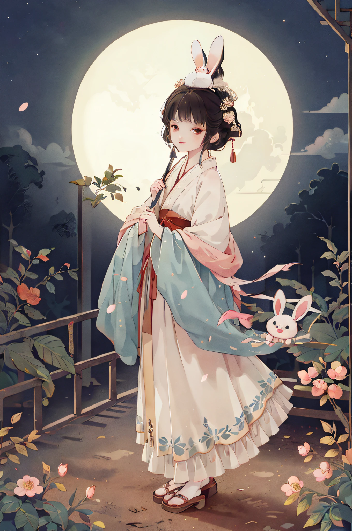 （tmasterpiece，best qualtiy：1.2），illustratio，absurderes，A high resolution，The is very detailed，1 antique woman holding a rabbit，long  white hair，red eyes，eyes highlights，Hanfu，shift dresses，puffy short sleeves，frilld，exteriors，blossoms，Fluttering petals，The upper part of the body，（themoon：1.2），the night，depth of fields，（:D：0.8），