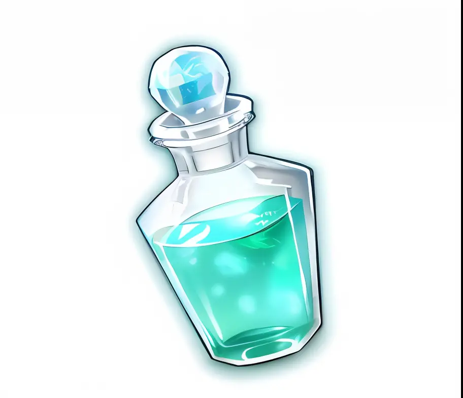 gameicon，A bottle of pale blue-green potion，Glass bottles，Round spherical glass cover，Fantasy anime game，in style of ghibli