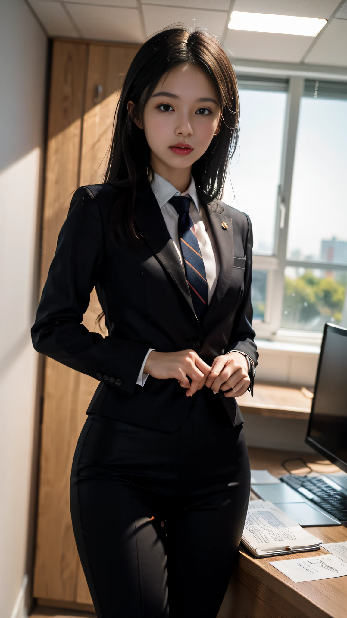 （tmasterpiece，best qualtiy，The is very detailed，8K，Wallpapers，Hyper-detailing），（RAW photos：1.2），
1girll， solo，Inside the President's Office， small heads， black long pants， pencil skirts， Business suit，Stand at a premium desk，office backdrop