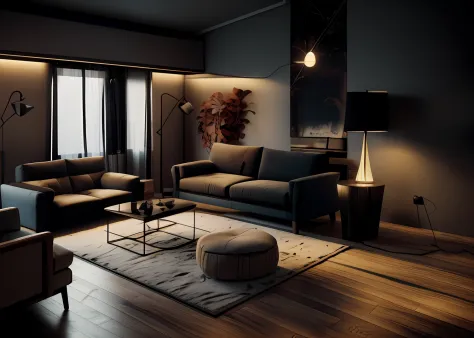 arafed living room with a couch, chair, table and lamp, cinematic mood lighting, wide view cinematic lighting, living room vibe, placed in a large living room, cinematic lighting + masterpiece, dimly lit interior room, rich cinematic atmosphere, neo - noir...