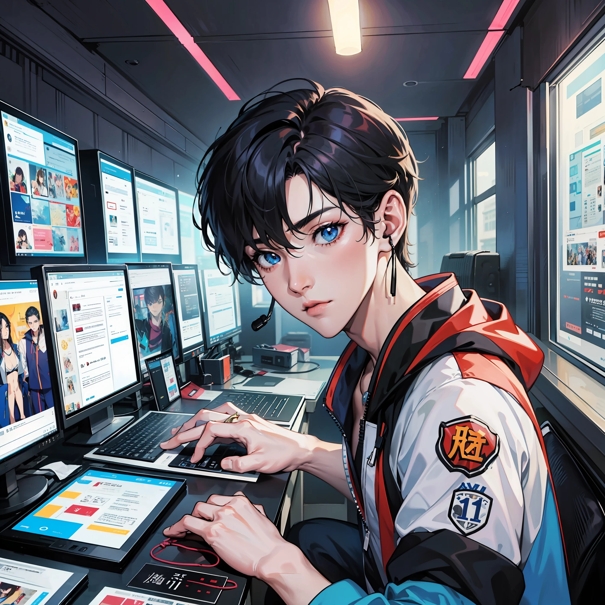 Anime boy calls to talk, ig studios anime style, nightcore, style of anime4 K, High quality anime art style, Anime boy, young anime man, Anime art style, Digital anime illustration, Anime style. 8K, in an anime style, male anime character, Like，best qualtiy：1.0），（Ultra-high resolution：1.0），Anime boys，with short black hair，blue color eyes，sitting in front of the computer，Speak into the microphone，The background is in the esports room，earphone，The head is close to the microphone,8K，Faraway view