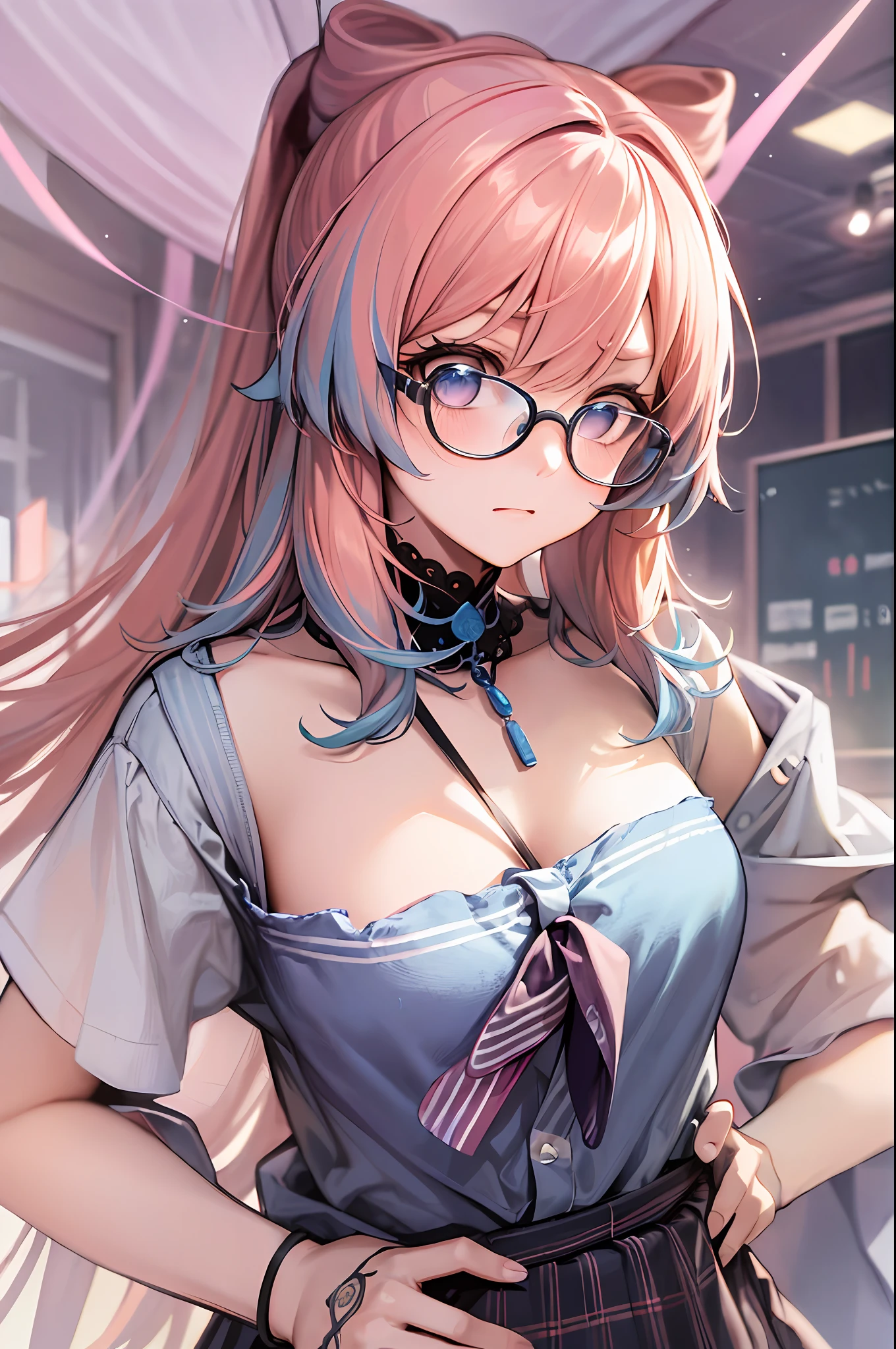 masterpiece, best quality, ultra detailed, hyper realistic, photo),delicate pattern, detailed background, uncensored completely, cowboy shot,  japanese girl, class room,
, loose collar, skirt, looking over eyewear,
hair between eyes, pink hair
put up index finger and one hand on hip,  angry with puffed cheeks,
from above, leaning forward,