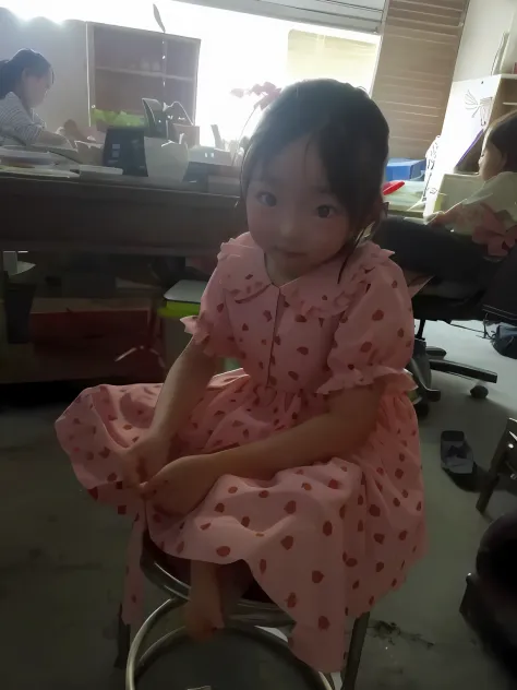 There was a little girl sitting on a stool in the room, dang my linh, wearing dresses, Wearing a pink dress, wearing a pink dres...