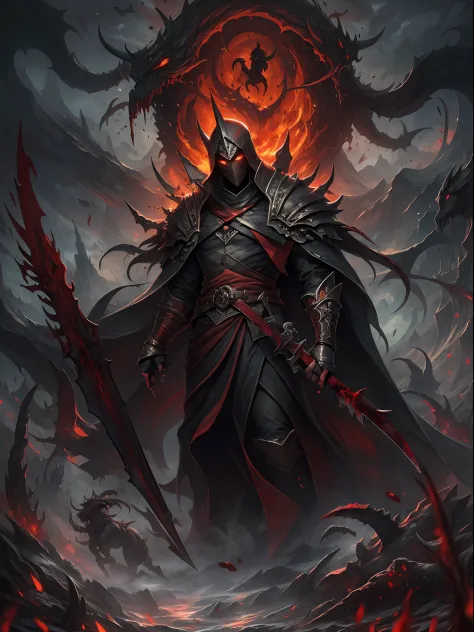 hell，magma，火焰，（（Super huge, A thick and sharp scythe）），（A demon covered in black scales：1.4），（（（The scales are covered with thick barbs））），（（A huge cloak woven with blood）），（（Bloodthirsty and murderous devil man）），slaughter，Rush to kill，Dynamic lines，depth...