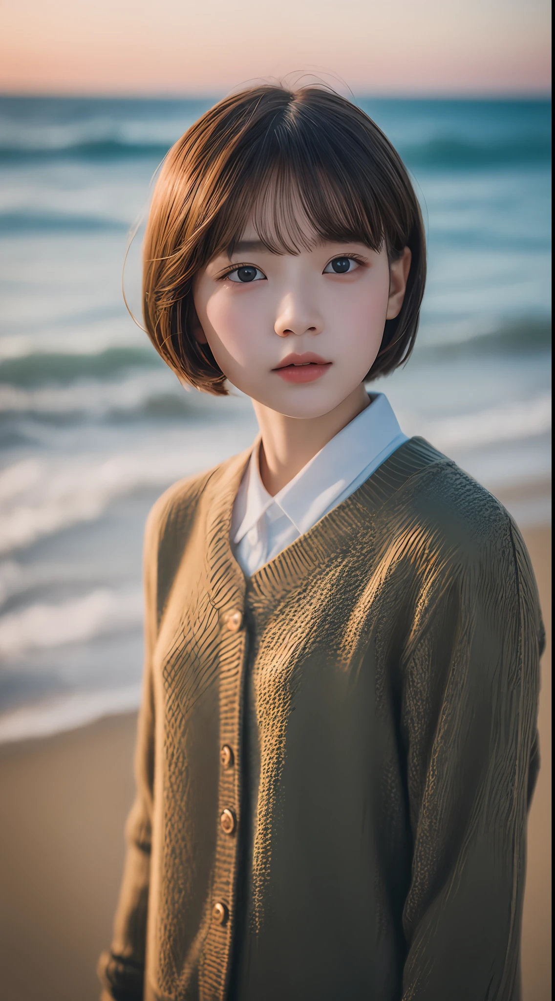 masterpiece, best quality, raw photo, photorealistic, seaside, full body, beautiful girl, cute, short hair, depth of field, high resolution, ultra detail, fine detail, highly detailed, highly detailed eyes and face, sharp pupils, realistic pupils, sharp focus, cinematic lighting