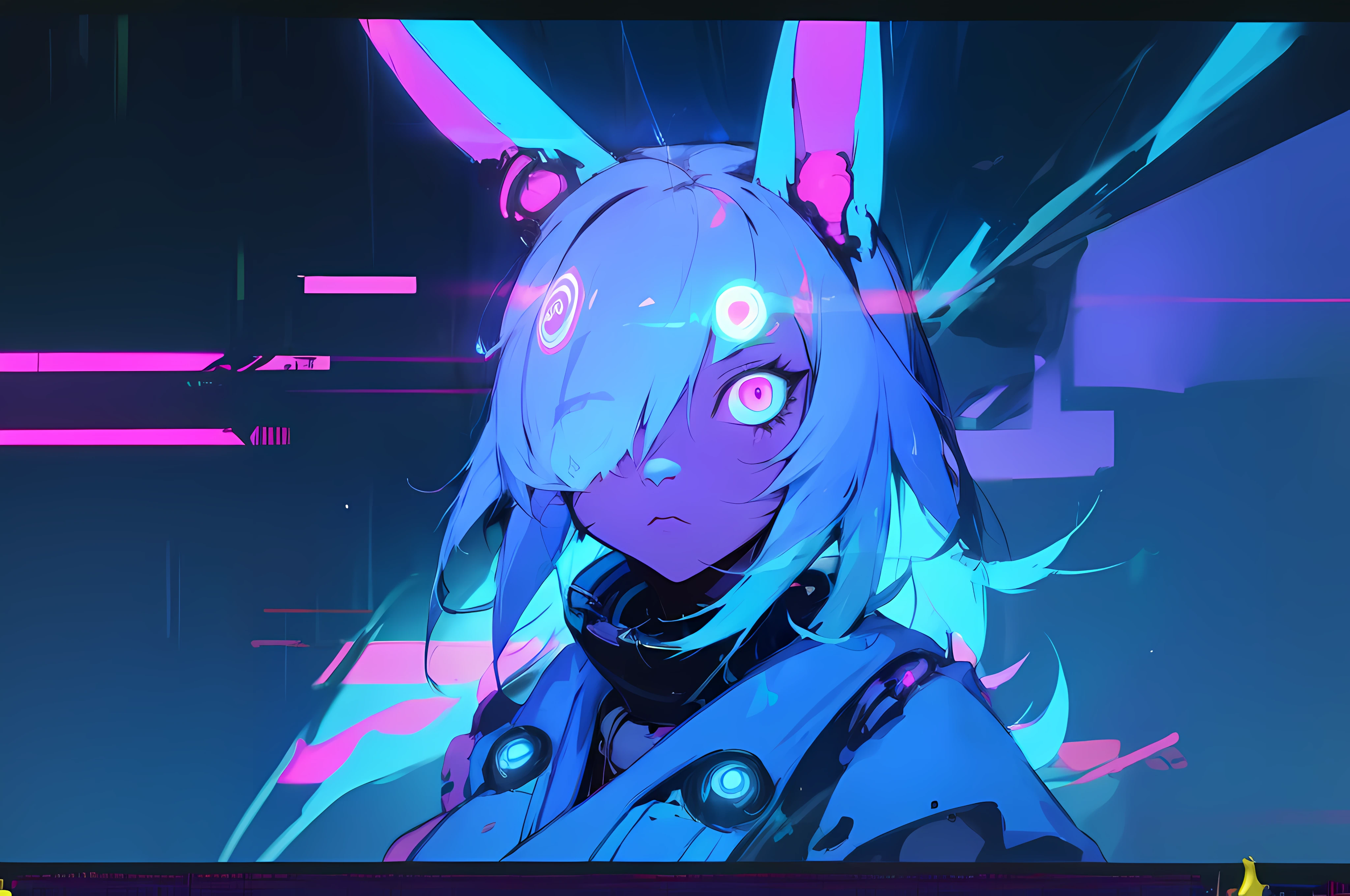 (vintage vhs), (crt screenshot), (Zen, Amy Sol style), (((blue anthro kemono furry rabbit))), underground cavern shining flashlight in old ruins, scene from a show about a blue anthro furry kemono rabbit who investigates deep space crime, (vast decrepit scenery:1.2) blame! style, nightmarish illustration, glowing eyes everywhere, intense eye contact, hybrid human / anthro, electrixbunny, rabbit anthro portrait, ((portrait)), bunnypunk, weirdcore voidpunk fursona, wearing bunny ears, cover art with light abstraction, abstract, simple vector art, contemporary Cybernetic art, color gradients, soft color palettes, layered forms, whimsical animation, style Ethereal abstract, 4K, , anime character with futuristic hair and glowing eyes in a dark room, digital cyberpunk anime art, anime style 4 k, digital cyberpunk - anime art, anime mecha aesthetic, digital cyberpunk anime!!, anime cyberpunk art, fully robotic!! catgirl, hyper concept art, cyberpunk anime girl mech, portrait anime space cadet girl, wearing cybernetic bunny ears , anime character with futuristic hair and glowing eyes in a dark room, digital cyberpunk anime art, anime style 4 k, digital cyberpunk - anime art, anime mecha aesthetic, digital cyberpunk anime!!, anime cyberpunk art, fully robotic!! catgirl, hyper concept art, cyberpunk anime girl mech, portrait anime space cadet girl, wearing cybernetic bunny ears --v6