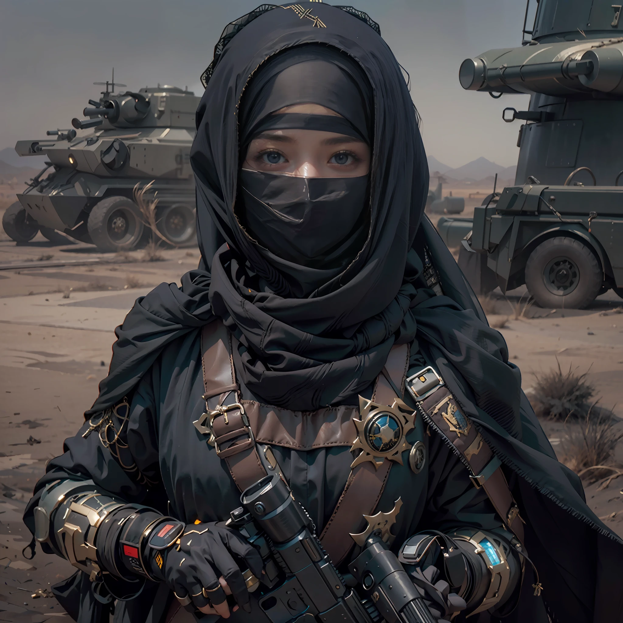 in a panoramic view，photorealestic，cyber punk style，Blue sky, Endless golden desert，Military base in the desert，3girl，Wear a black Arabian-inspired high-tech burqa（burqa），Dressed in gorgeous gold Arabian high-tech clothing，Wearing a black high-tech headscarf（hijab），Black high-tech veil（niqab），High-tech combat equipment hangs on the body，Carry a sci-fi rifle，Sci-fi Saber，Standing in front of a military base，Sharp eyes，professional，Meistwick，commissioned，best qualtiy，color corrected，After fixation，Retouching，Improvement，Epic，Tone-mapping，the detail， highly  detailed， digitial painting， art  stations， Conceptual map of the long dam， Smoothness， Sharp focus， Beautiful illustration， photore， The light from the back window is backlighted， Dynamic Lighting， crap， complex， cinematic grain， professional， face to the viewer，（Beautiful m3d_woman， Perfect M3D_face,）， Volumetriclighting， subsurfacescattering， Good highlights， Good shadows， cinematic ligh