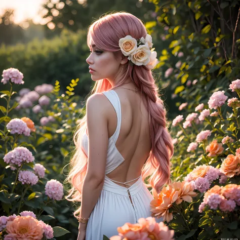 white dress, sunset, among the flowers, woman, flower garden, looking at viewers, from behind, pink hair, long hair, medium shot...