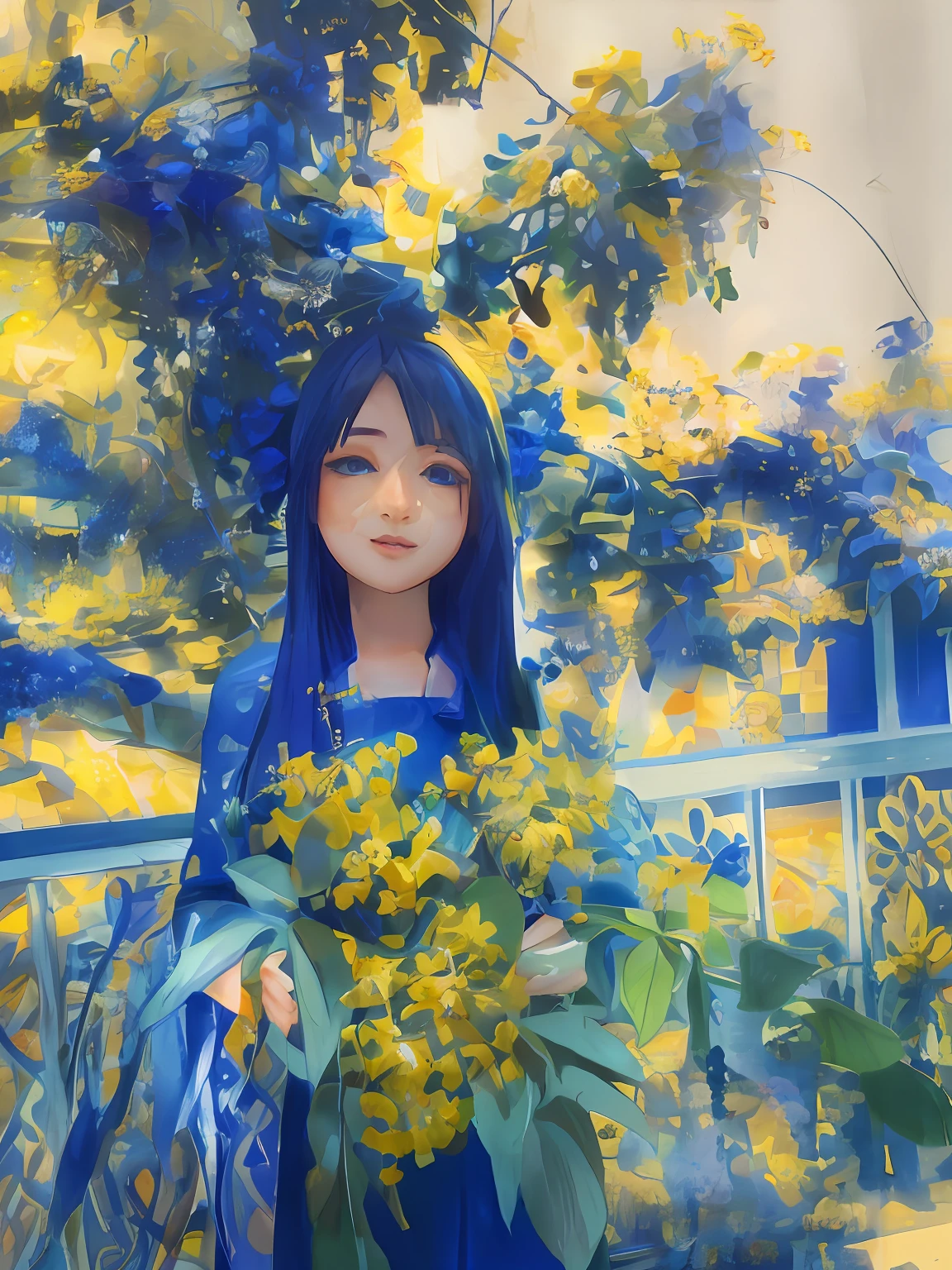 arafed woman in blue dress holding a bunch of yellow flowers, with flowers, dang my linh, with yellow flowers around it, hoang long ly, profile image, animie , mai anh tran, in style of animie girl, inspired by japanese culyure with yellow cloths, nivanh chanthara,