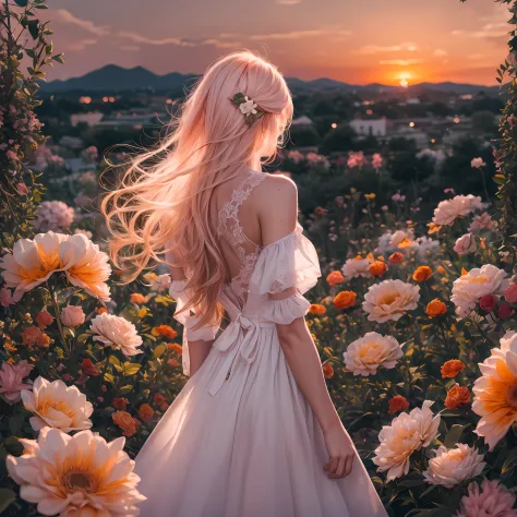 white dress, sunset, among the flowers, woman, flower garden, looking at viewers, from behind, pink hair, long hair, medium shot...