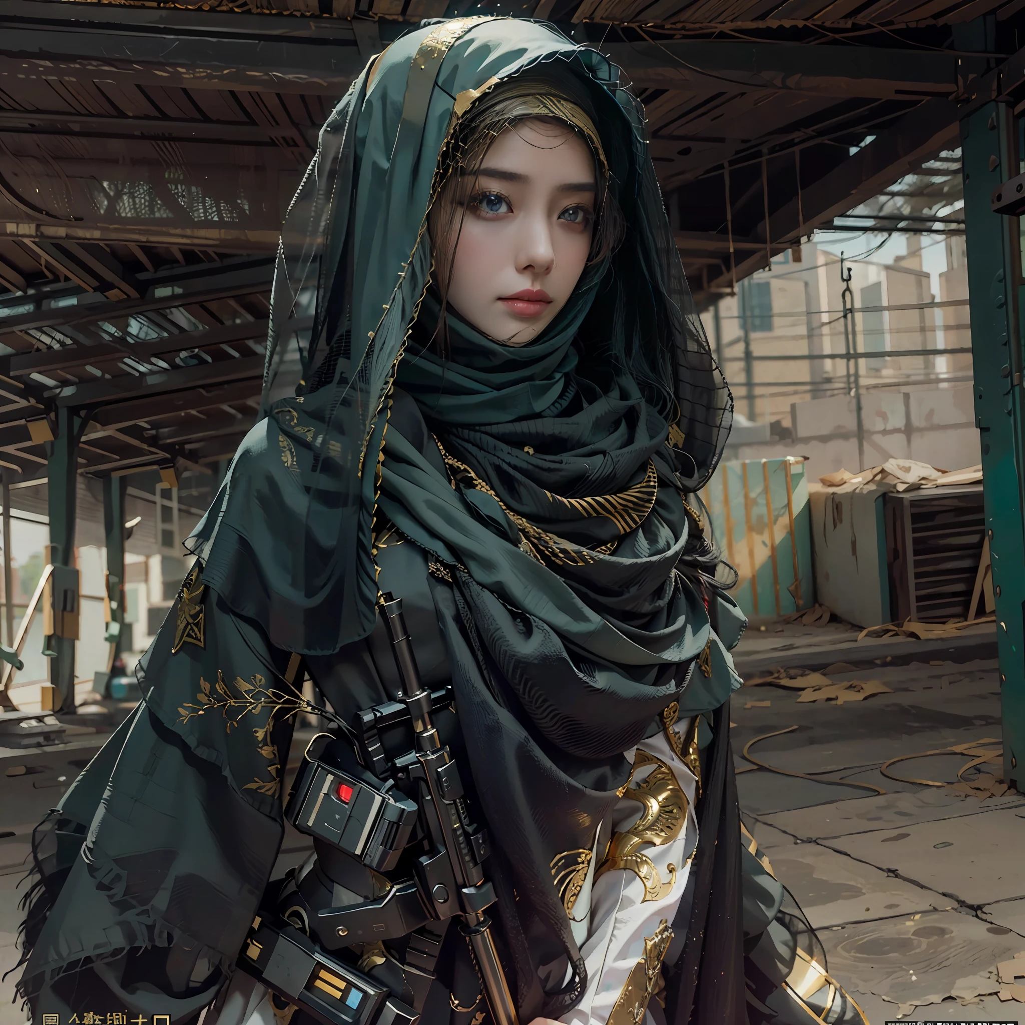 dans une vue panoramique，photoalestic，style cyberpunk，ciel bleu, Désert doré sans fin，Base militaire dans le désert，3fille，Portez une burqa high-tech de style arabe noir（burqa），Vêtu de magnifiques vêtements arabes dorés de haute technologie，Porter un foulard noir high-tech（hijabi salope），Voile high-tech noir（Niqâb），Un équipement de combat de haute technologie est accroché au corps，Portez un fusil de science-fiction，Sabre de science-fiction，Debout devant une base militaire，Des yeux perçants，professionnel，Meistwick，commandé，meilleure qualité，couleur corrigée，Après fixation，Retouche，Amélioration，épique，Cartographie des tons，le détail， très détaillé， peinture numérique， stations artistiques， Carte conceptuelle du barrage long， Douceur， netteté， belle illustration， photo， La lumière de la vitre arrière est rétroéclairée， éclairage dynamique， Brume， complexe， grain cinématographique， professionnel， affronter to the viewer，（Magnifique m3d_femme， M3D parfait_affronter,）， Éclairage volumétrique， subsuraffronterscattering， Bons points forts， Bonnes ombres， lumière cinématographique