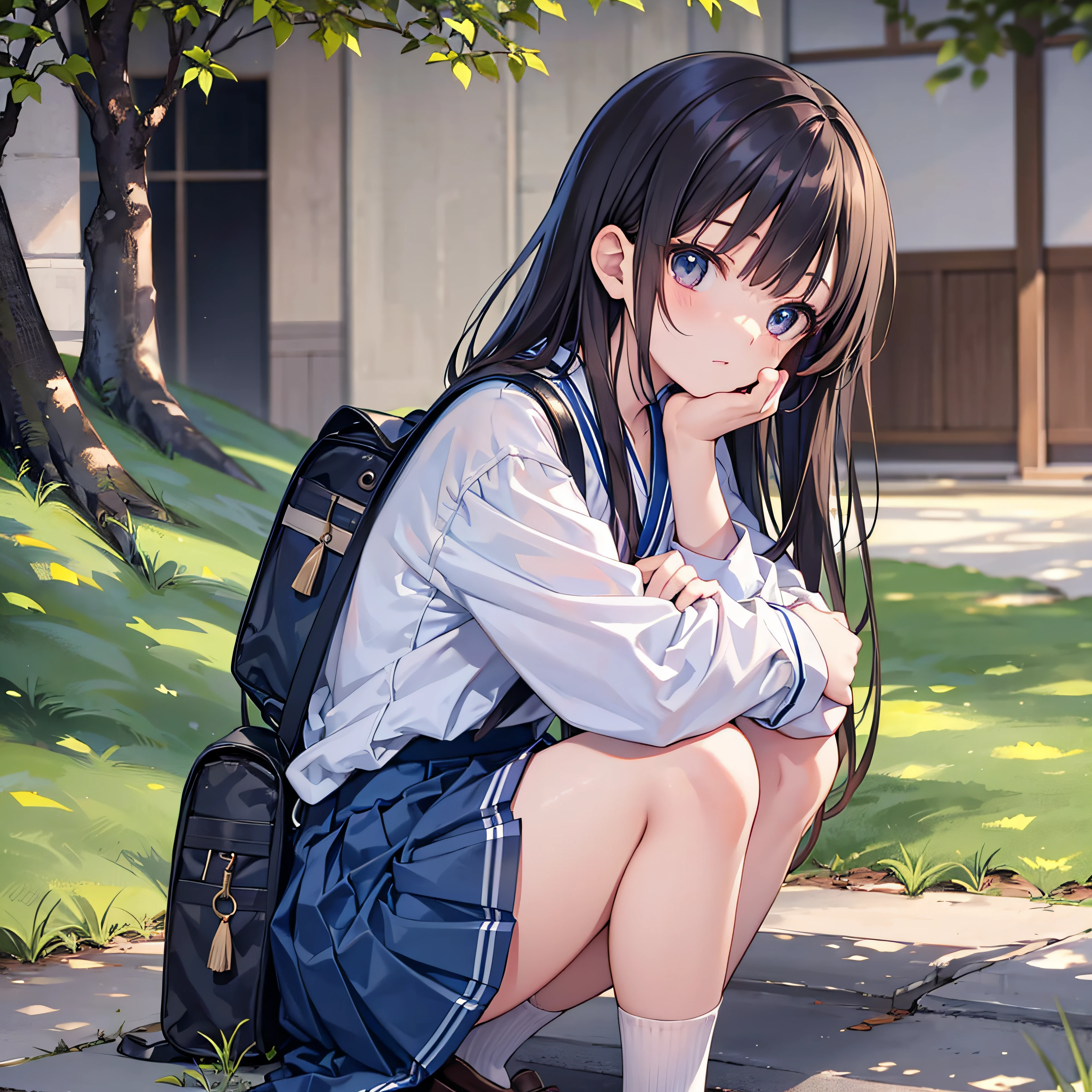 Anime girl sitting on the ground with a backpack and a backpack - SeaArt AI