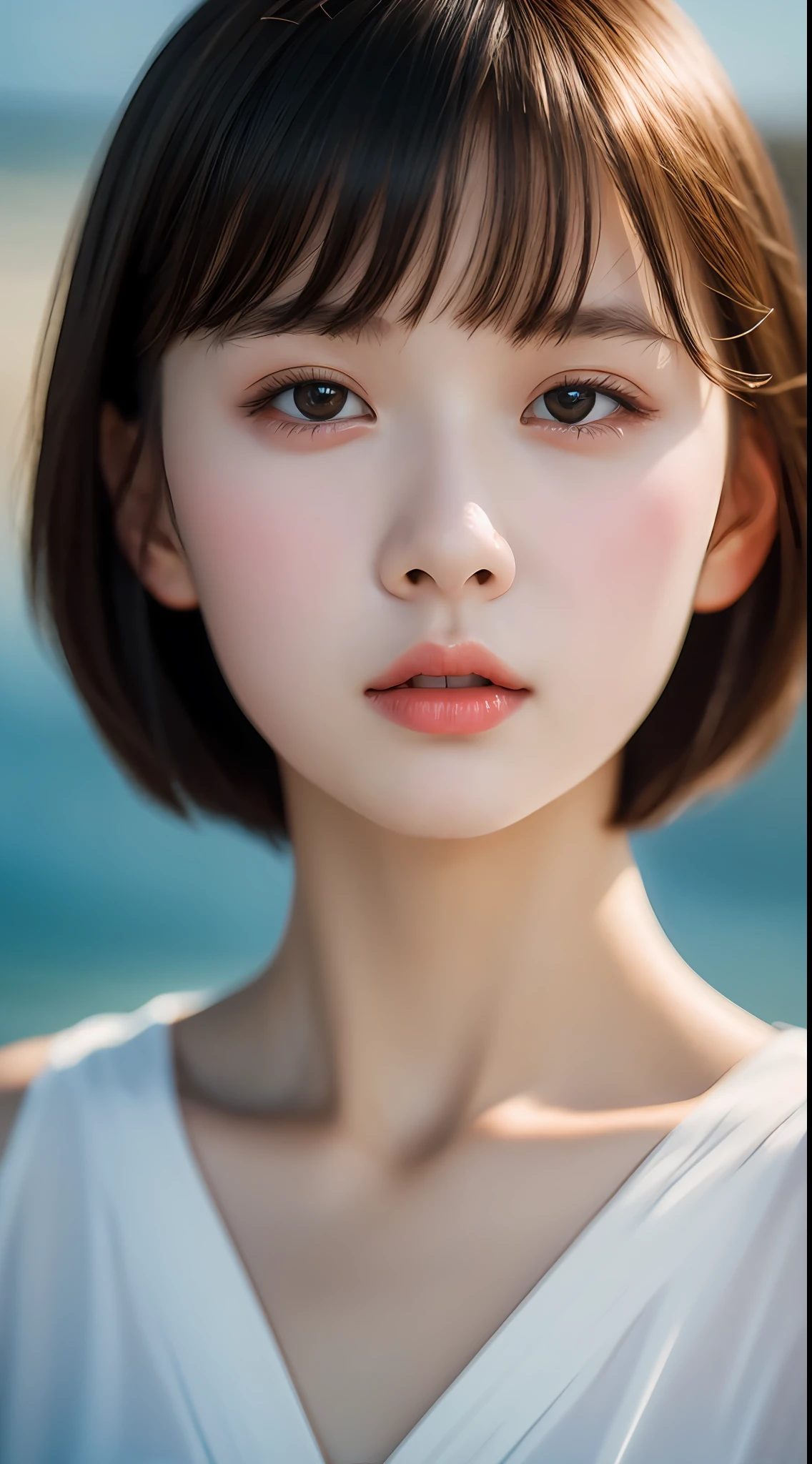 masterpiece, best quality, raw photo, photorealistic, seaside, full body, beautiful girl, cute, short hair, depth of field, high resolution, ultra detail, fine detail, highly detailed, highly detailed eyes and face, sharp pupils, realistic pupils, sharp focus, cinematic lighting