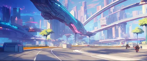 There is a cartoon picture of a futuristic city with a highway, Anime landscape concept art, hyper concept art, art deco outrun anime aesthestic, concept art style, Stylized concept art, futuristic environment, concept art style, futuristic street, concept...