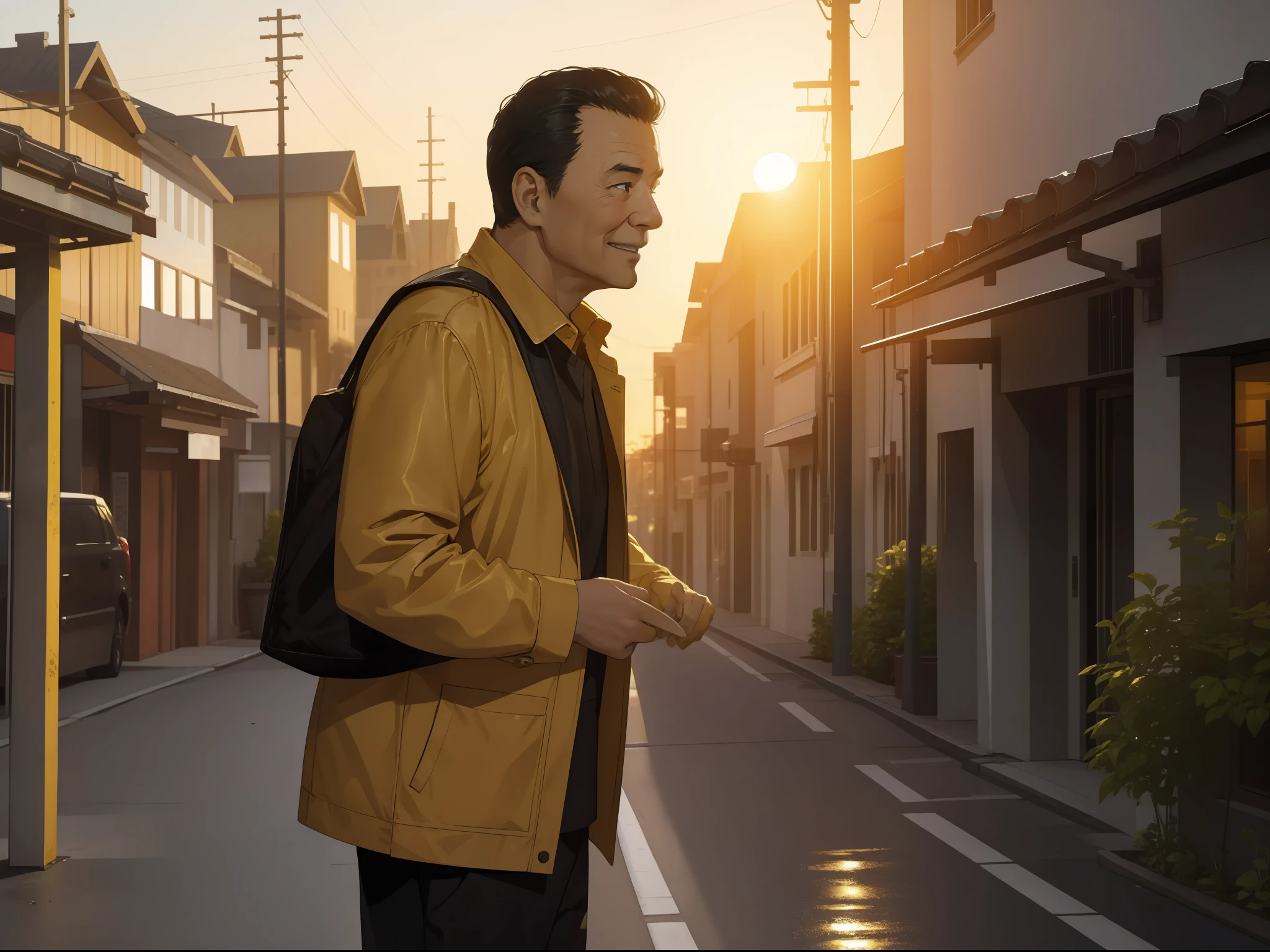 Masterpiece, Best quality,Short black hair，1 old man，Stand in front of the building, His face was full of joy,Realisticstyle,Dyed golden yellow by the setting sun;