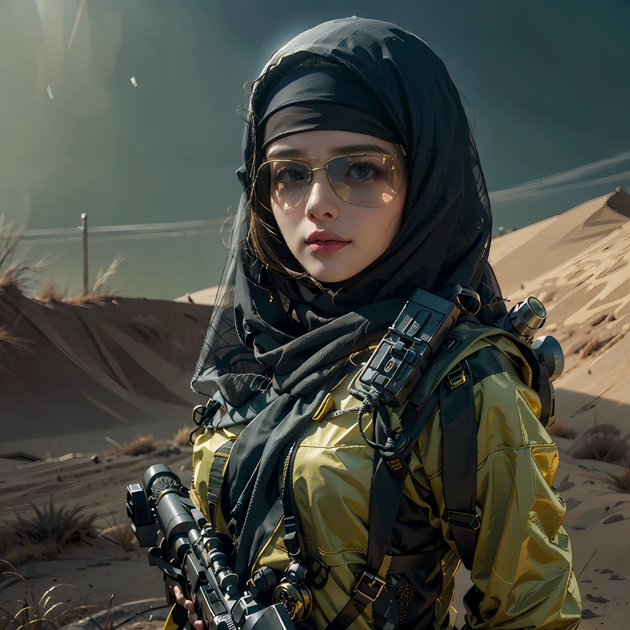 in a panoramic view，photorealestic，cyber punk style，Blue sky, Endless golden desert，Military base in the desert，3girl，Wearing a high-tech burqa in black Arabian style（Burqa），Dressed in gorgeous gold Arabian high-tech clothing，Wearing a black high-tech headscarf（hijabi sluty），Black high-tech veil（niqab），masked，High-tech combat equipment hangs on the body，Carry a sci-fi rifle，Sci-fi Saber，Standing in front of a military base，Sharp eyes，professional，Meistwick，commissioned，best qualtiy，color corrected，After fixation，Retouching，Improvement，Epic，Tone-mapping，the detail， highly  detailed， digitial painting， art  stations， Conceptual map of the long dam， Smoothness， Sharp focus， Beautiful illustration， photore， The light from the back window is backlighted， Dynamic Lighting， crap， complex， cinematic grain， professional， face to the viewer，（Beautiful m3d_woman， Perfect M3D_face,）， Volumetriclighting， subsurfacescattering， Good highlights， Good shadows， cinematic ligh