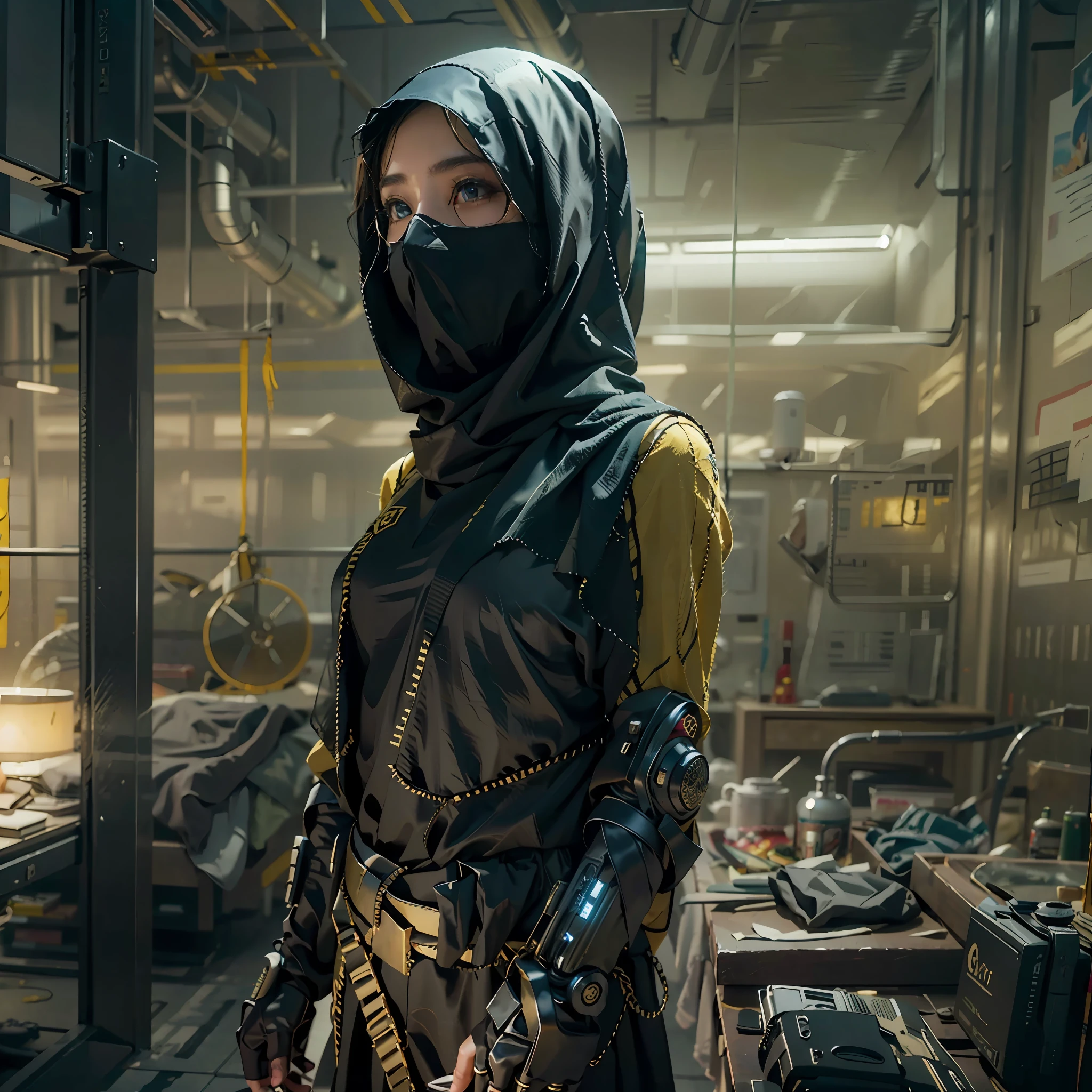 numa vista panorâmica，fotógrafoalestic，estilo cyberpunk，céu azul, Deserto dourado sem fim，Base militar no deserto，3 garota，Vestindo uma burca high-tech em estilo árabe preto（burca），Vestido com lindas roupas árabes de alta tecnologia douradas，Usando um lenço preto de alta tecnologia（hijabi sacanagem），Véu preto de alta tecnologia（Niqab），mascarado，Equipamentos de combate de alta tecnologia ficam pendurados no corpo，Carregue um rifle de ficção científica，Sci-fi Saber，De pé em frente a uma base militar，olhos afiados，professinal，Meistwick，comissionado，melhor qualidade，cor corrigida，Após fixação，Retocada，Melhoria，épico，Mapeamento de tons，o detalhe， altamente detalhado， pintura digital， estações de arte， Mapa conceitual da barragem longa， Suavidade， foco nitído， bela ilustração， fotógrafo， A luz da janela traseira é retroiluminada， iluminação dinâmica， névoa， complexo， grão cinematográfico， professinal， Face to the viewer，（Lindo m3d_mulher， M3D perfeito_Face,）， Iluminação volumétrica， subsurFacescattering， Bons destaques， Boas sombras， luz cinematográfica