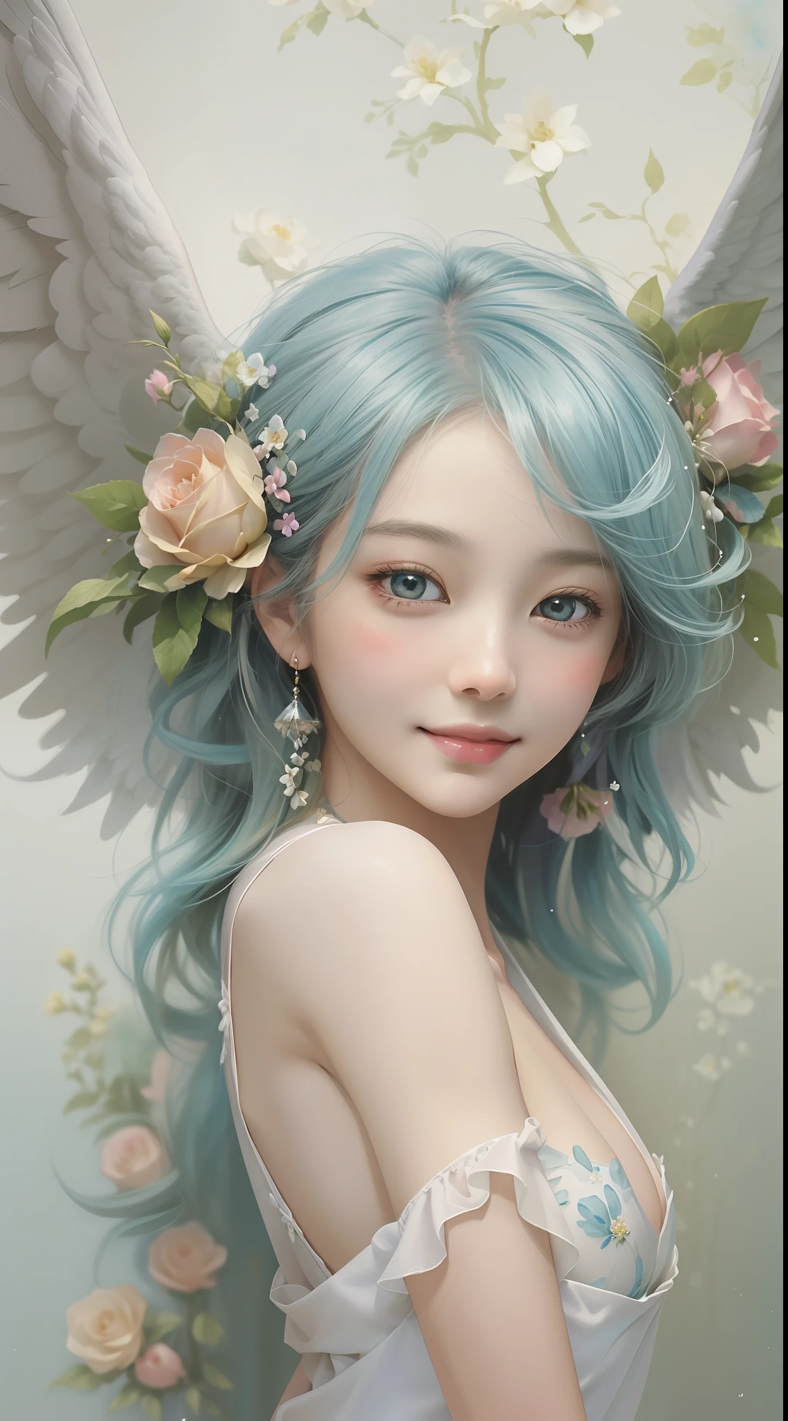 (Angel wings、😇、a smile、😌🥰Archaic Smile).hyper realstic、Ultra-realistic、Depiction of the human body without distortion、(((Totally  naked angel))),(( Showing breast))、Woman in the Arms、Near and far law、Three-dimensional、Contemporary painting、world masterpiece、collection、Homage to the art or artist work of Picasso and Renoir, Not sentimental、Excellent portrayal、Gentle expression、More detailed character faces, Serious competition、Compositions like paintings、(Konmutsuki_Gacha_Series 1, punk_rosette), Realistic、Delicate brushwork、aqua color flowers, (Full body, elegant flowers background)