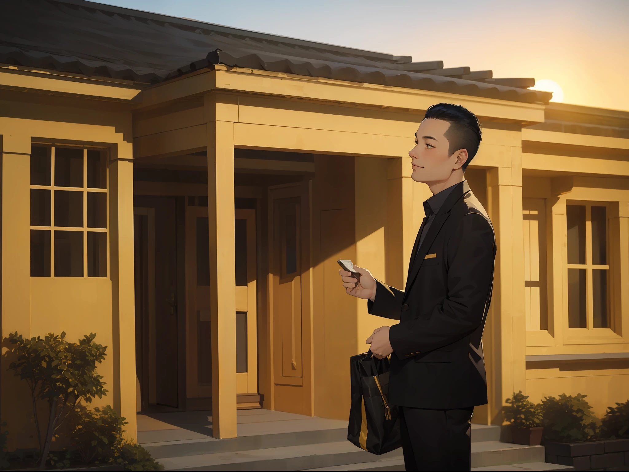 Masterpiece, Best quality,Short black hair，1 man，Standing in front of the new house, His face was full of joy,Realisticstyle,Dyed golden yellow by the setting sun;