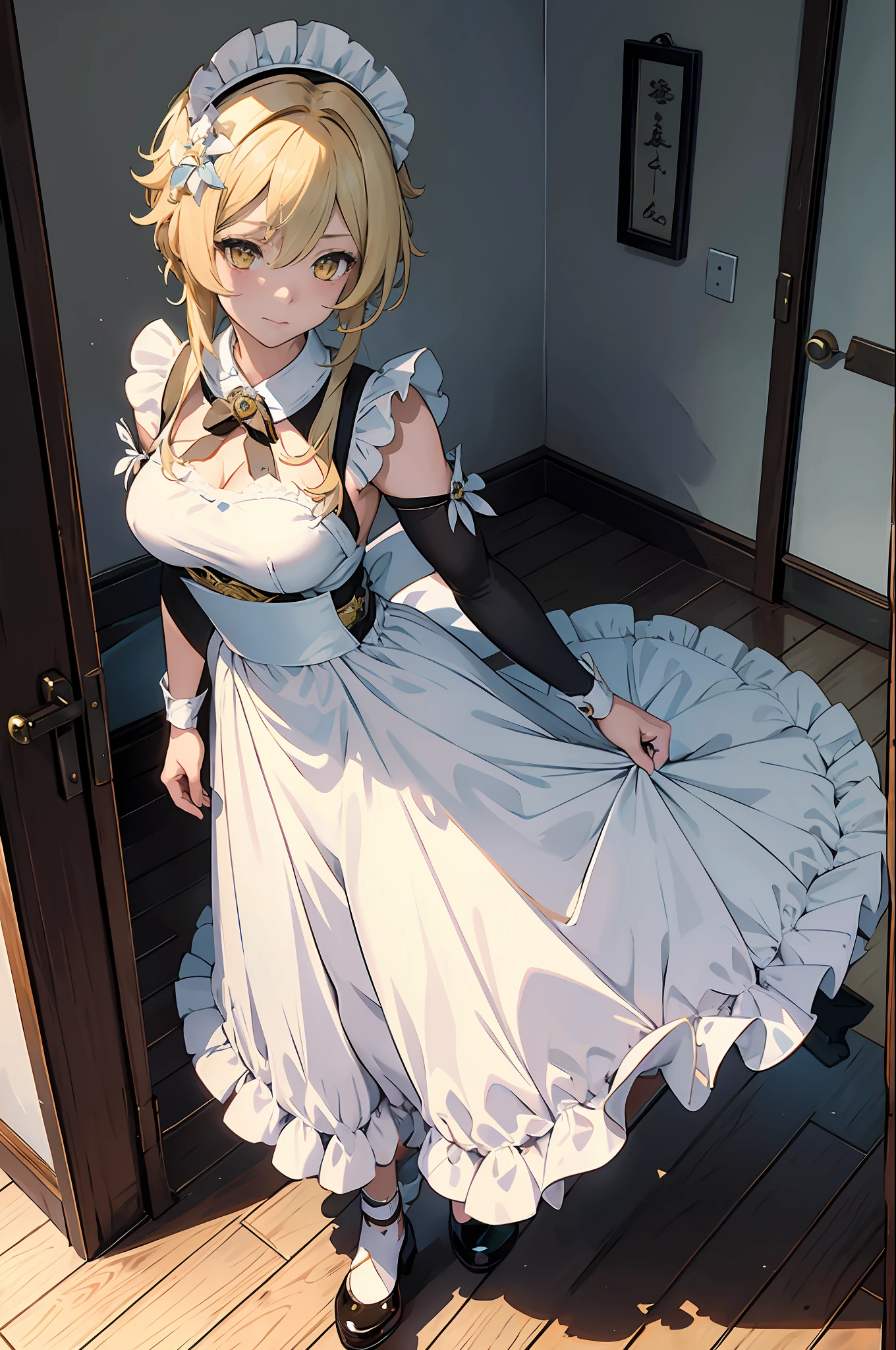 (Masterpiece, Best Quality), handsome girl, lumine "Genshin Impact", 
luminedef,  standing in your room, (Detailed beautiful eyes) Medium shot in the body, Maid costume,apron, blonde, Short hair, Yellow eyes, Ultra detailed yellow eyes, Full-body shot,Cat's ears, cat tail, Tray in hand, white stockings, maid headdress, faint smile