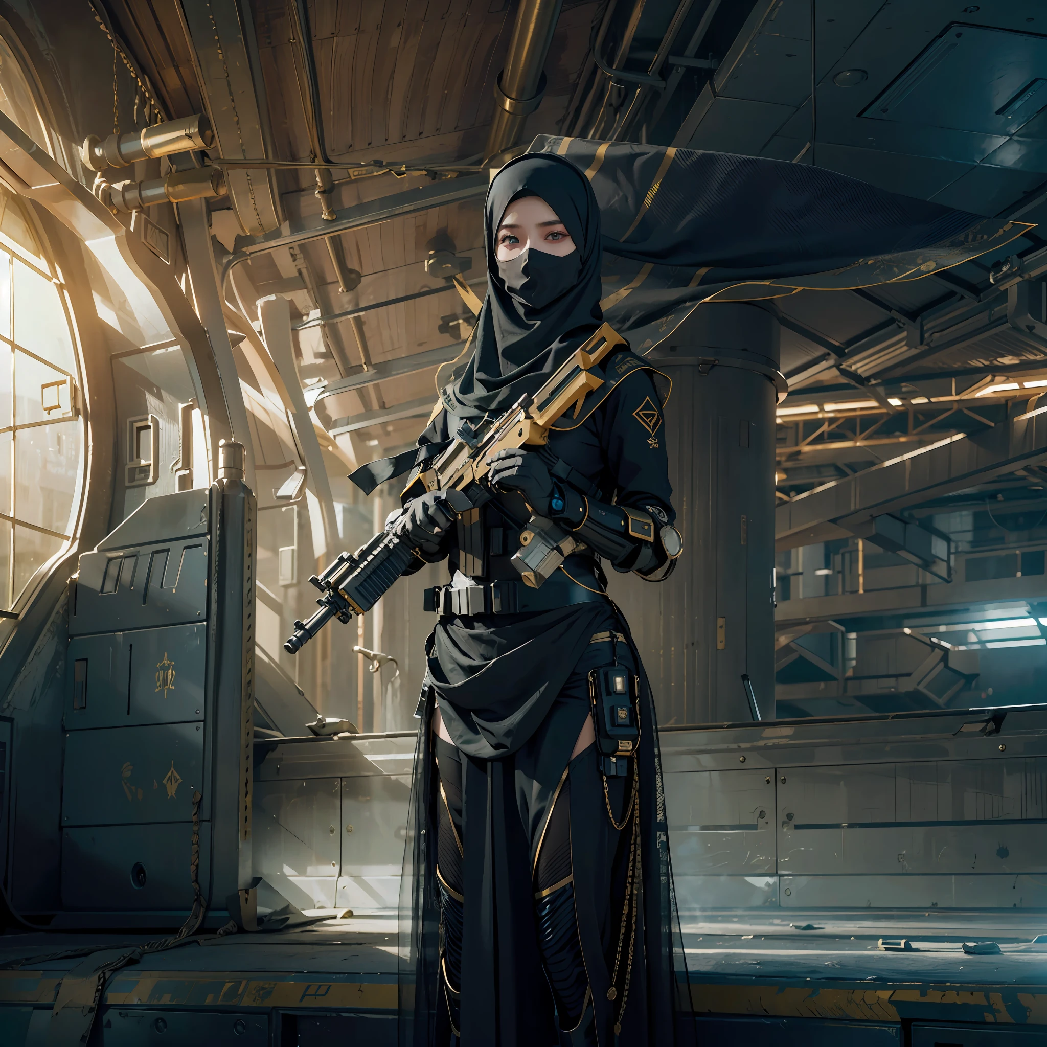 in a panoramic view，photorealestic，cyber punk style，Blue sky, Endless golden desert，Military base in the desert，3girl，Wearing a high-tech burqa in black Arabic style（Burqa），Dressed in gorgeous gold Arabian high-tech clothing，Wearing a black high-tech headscarf（hijabi sluty），Black high-tech veil（niqab），masked，High-tech combat equipment hangs on the body，Carry a sci-fi rifle，Sci-fi Saber，Standing in front of a military base，Sharp eyes，professional，Meistwick，commissioned，best qualtiy，color corrected，After fixation，Retouching，Improvement，Epic，Tone-mapping，the detail， highly  detailed， digitial painting， art  stations， Conceptual map of the long dam， Smoothness， Sharp focus， Beautiful illustration， photore， The light from the back window is backlighted， Dynamic Lighting， crap， complex， cinematic grain， professional， face to the viewer，（Beautiful m3d_woman， Perfect M3D_face,）， Volumetriclighting， subsurfacescattering， Good highlights， Good shadows， cinematic ligh