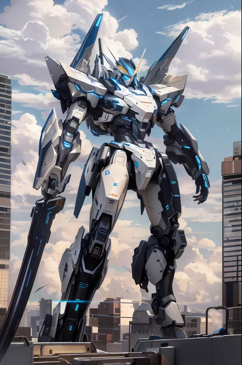 The Alafard robot stands on the roof，Holding a sword in hand, modern mecha anime, anime large mecha robot, mecha art, cool mecha style, mecha anime, Alexander Ferra Mecha, giant anime mecha, alexandre ferra white mecha, Mecha suit, Mecha Inspiration, Mecha...