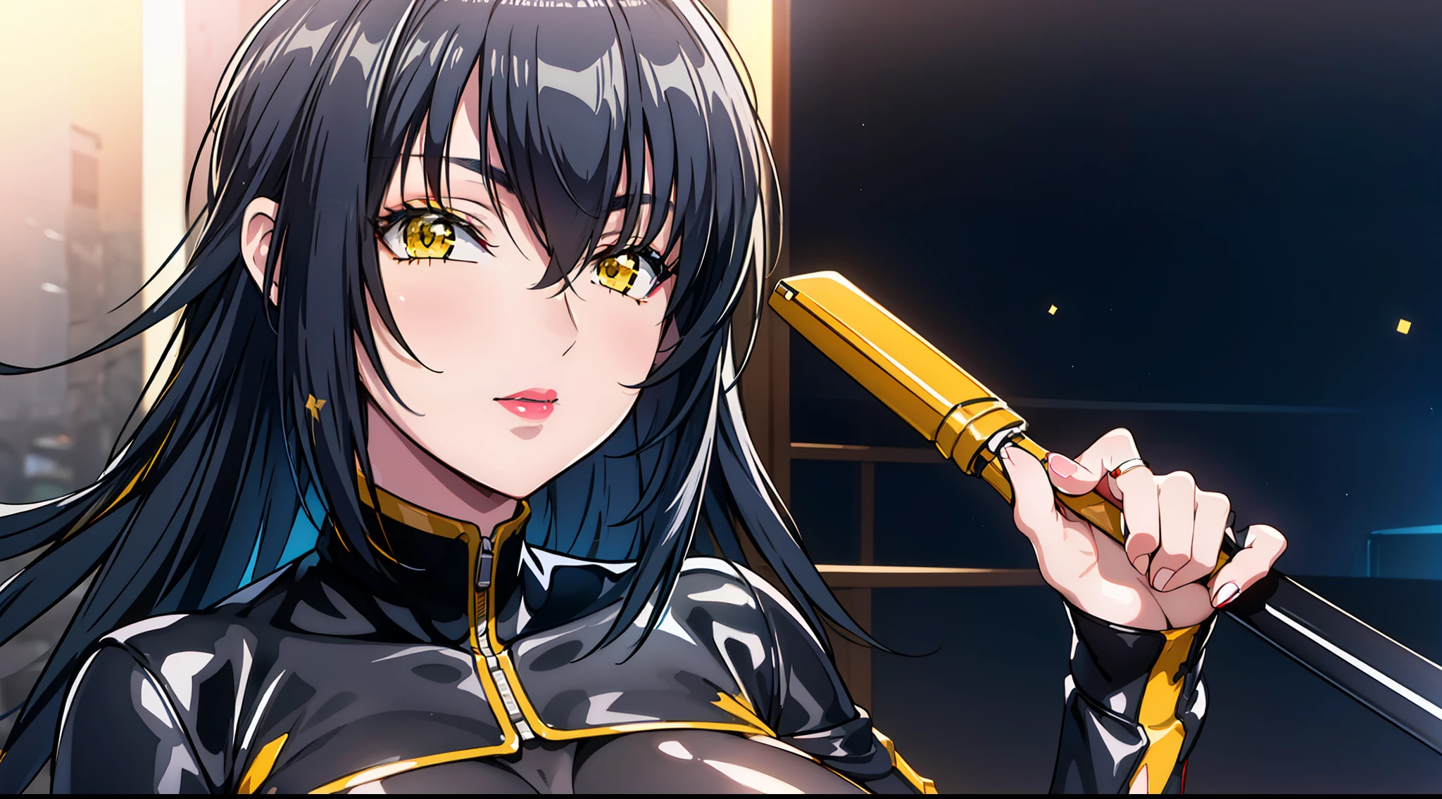 professional artwork, Intricate Details, field of view, sharp focus, detailed painting, photorealistic lighting, trending on pixiv, Standing at attention, black outfit ,yellow collared shirt,black and red bodysuit,skin_tight,black legwear, black pantyhose, Side_boob, black hair,very long hair, Bangs,yellow eyes,makeup, lipstick, 20yo,mature female,Beautiful Finger,Beautiful long legs,Beautiful body,Beautiful Nose,Beautiful character design, perfect eyes, perfect face, looking at viewer, NSFW,official art,extremely detailed CG unity 8k wallpaper, perfect lighting,Colorful, Bright_Front_face_Lighting, (masterpiece:1.0),(best_quality:1.0), ultra high res,4K,ultra-detailed, photography, 8K, HDR, highres, absurdres:1.2, Kodak portra 400, film grain, blurry background, bokeh:1.2, lens flare, (vibrant_color:1.2) (Beautiful,large_Breasts:1.4), (beautiful_face:1.5),(narrow_waist), (solo:1.4), ((landscape dimension))