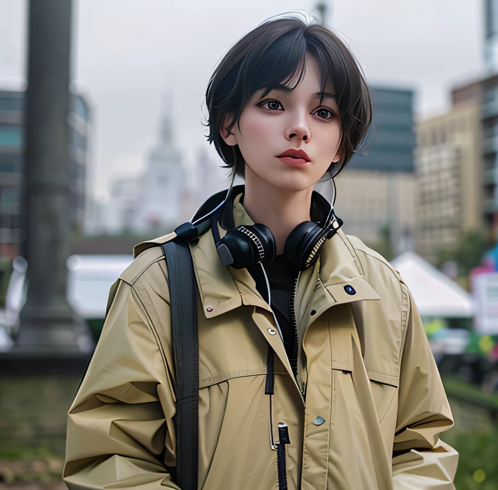 Arad woman standing in park with backpack and headphones, androgynous person, beautiful androgynous girl, androgyne, finn wolfhard, androgynous male, portrait androgynous girl, male hormone, aykut aydogdu, attractive androgynous humanoid, by Irakli Nadar, Beautiful androgynous prince