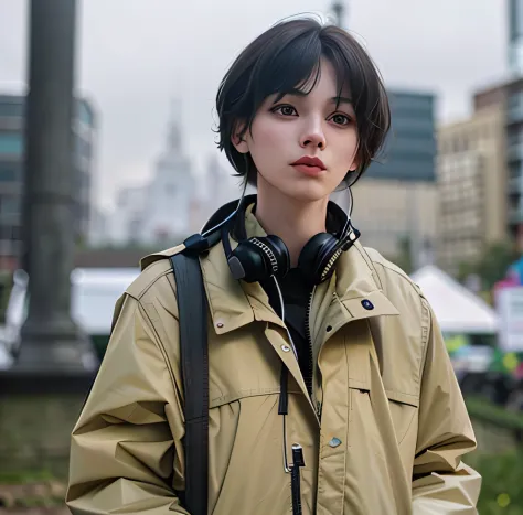 arad woman standing in park with backpack and headphones, androgynous person, beautiful androgynous girl, androgyne, finn wolfha...