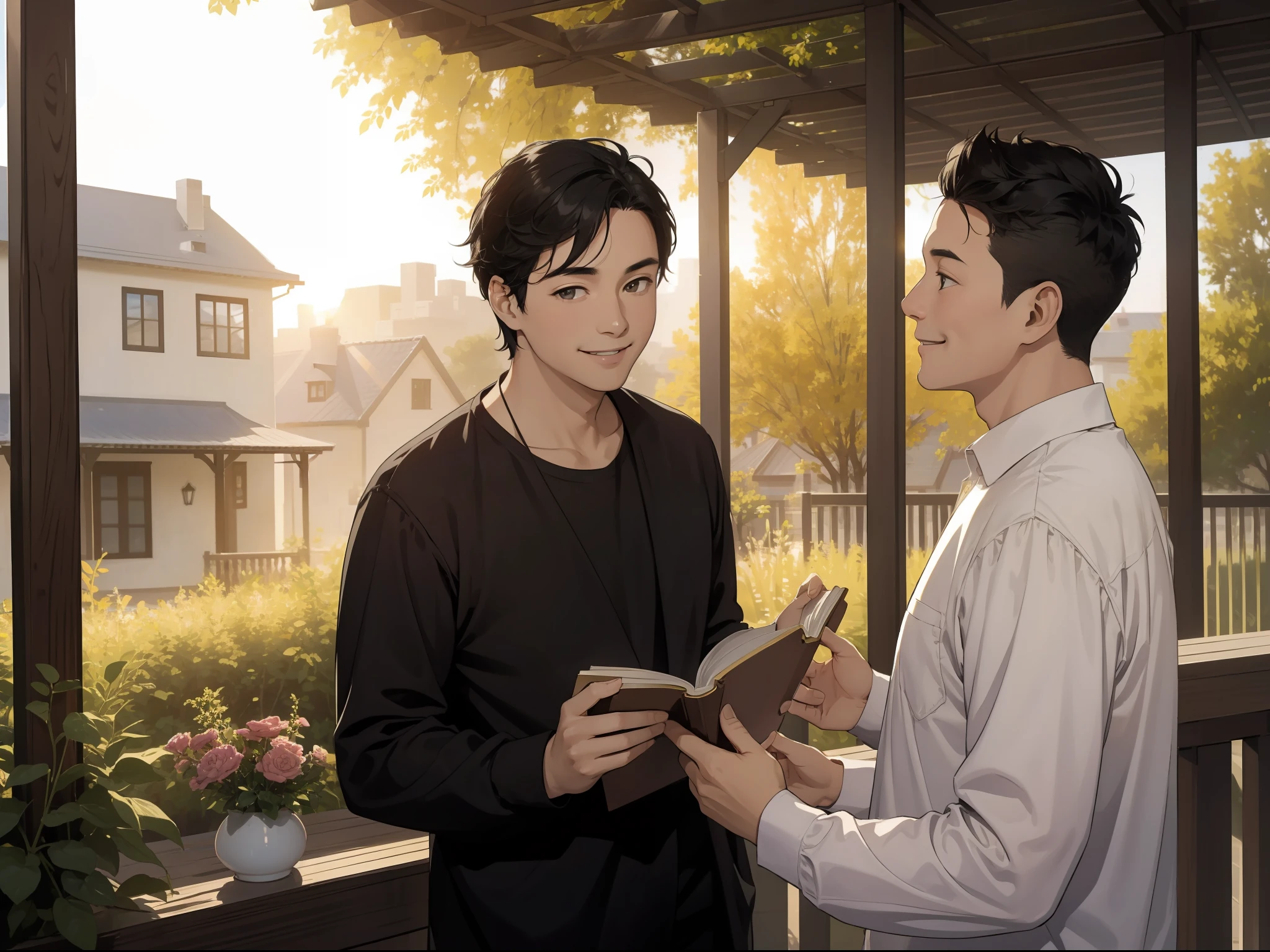 Masterpiece, Best quality,Father with short black hair，Look at the book in your hand，Smiling,Realisticstyle,The golden light of the setting sun shines in front of the new house;